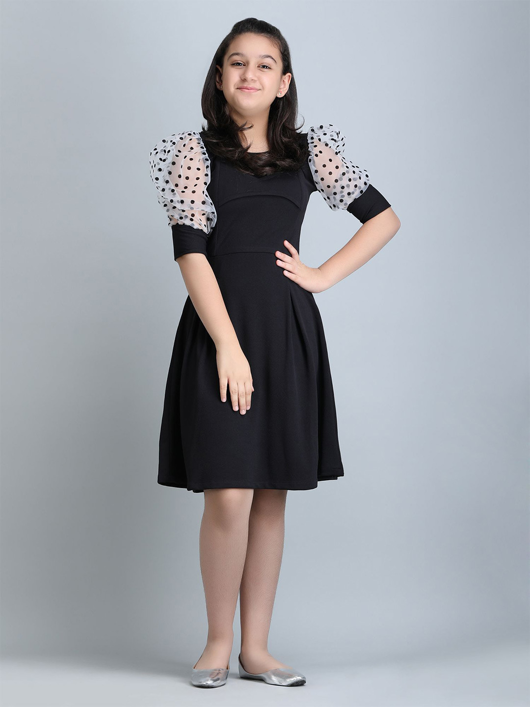 STARWORD Girls Monochrome Cuffed Sleeve Fit & Flare Dress