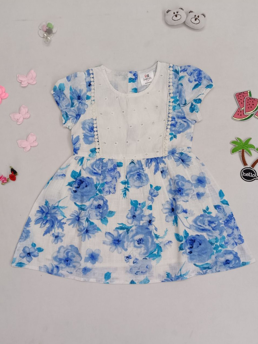 Creative Girls Floral Print Gathered or Pleated Round Neck Fit & Flare Dress