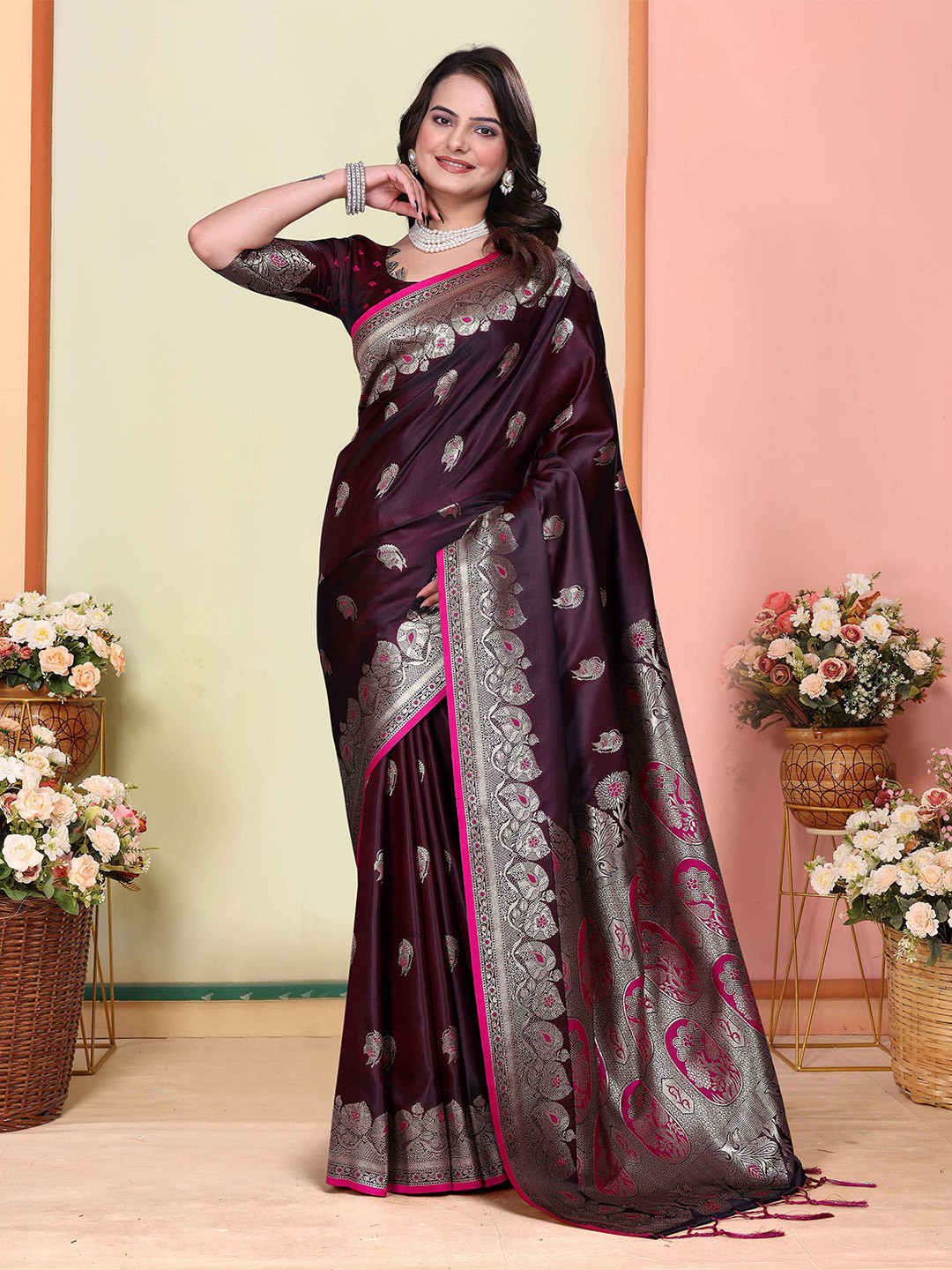 Rizanx7 Woven Design Zari Silk Blend Banarasi Saree