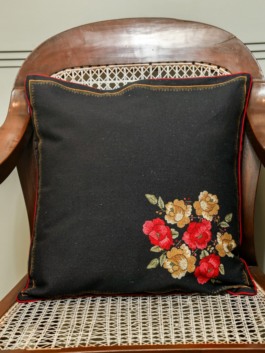 Sangria  Vintage Bloom Black & Red Floral Embroidered Square Cushion Covers