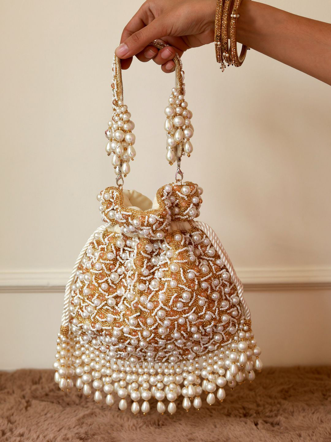 THE TAN CLAN Rimsha Embroidered Pearls Studded Wrist Loop Suede Potli Clutch