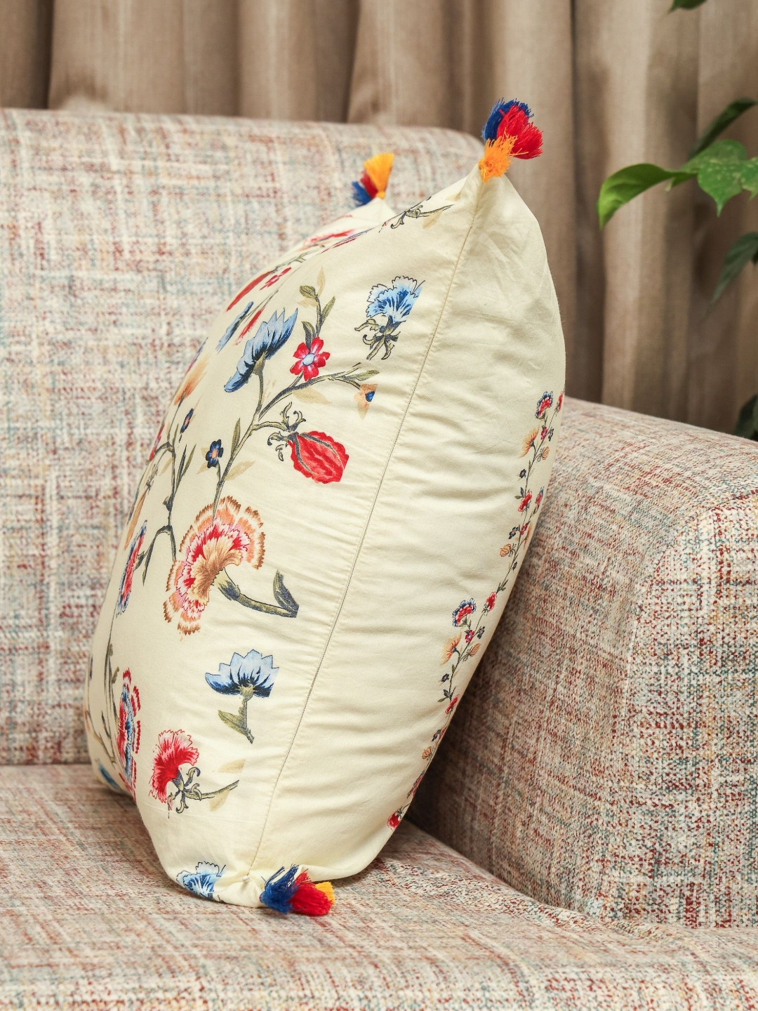 Sangria  Garden Mlange Yellow & Red Printed Cotton Square Cushion Covers