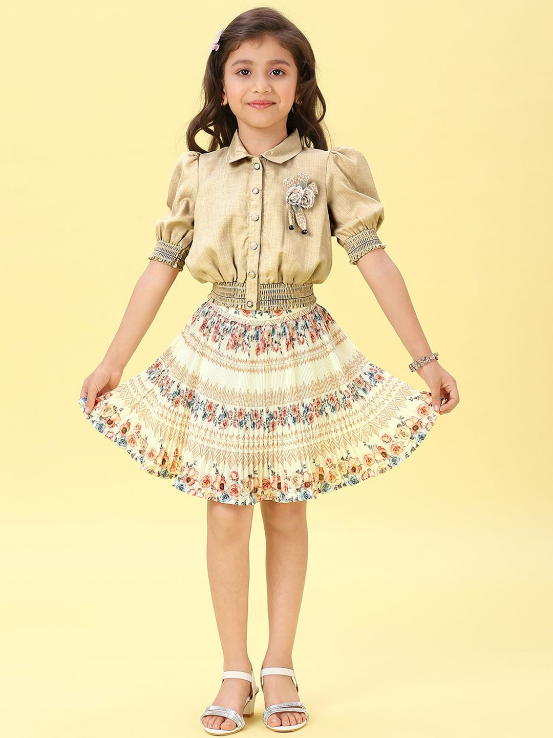 Macwin Girls Short Sleeves Linen Top With Skirt