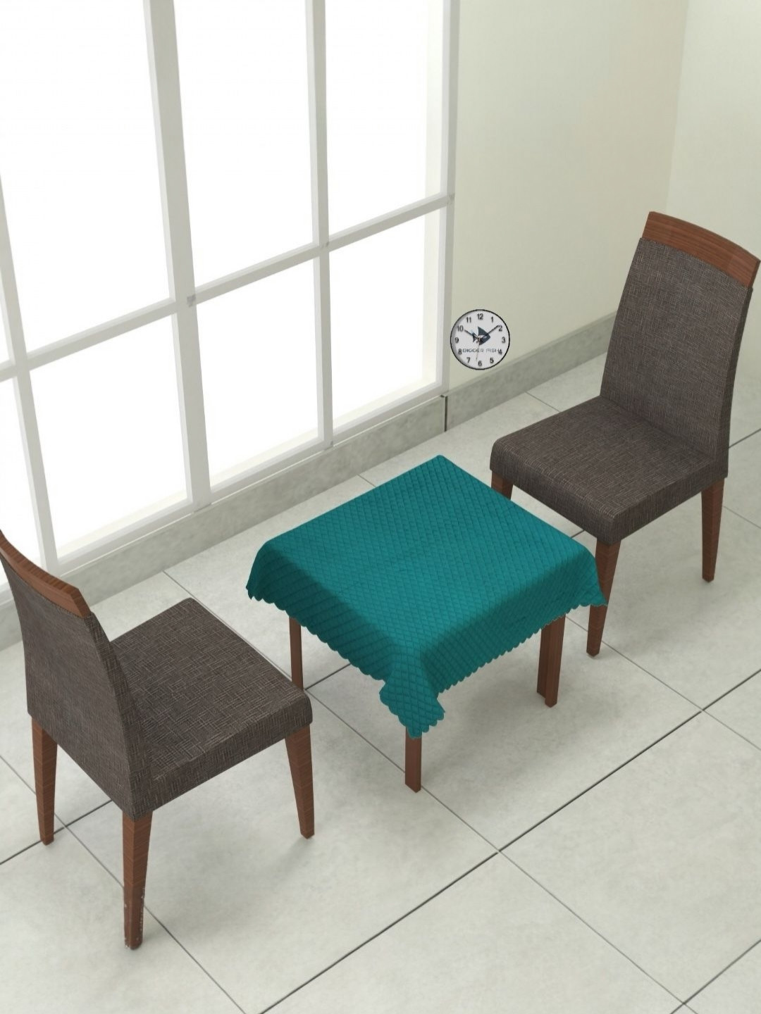 BIGGER FISH Teal 2-Seater Self Design Quilted Square Velvet Table Cover