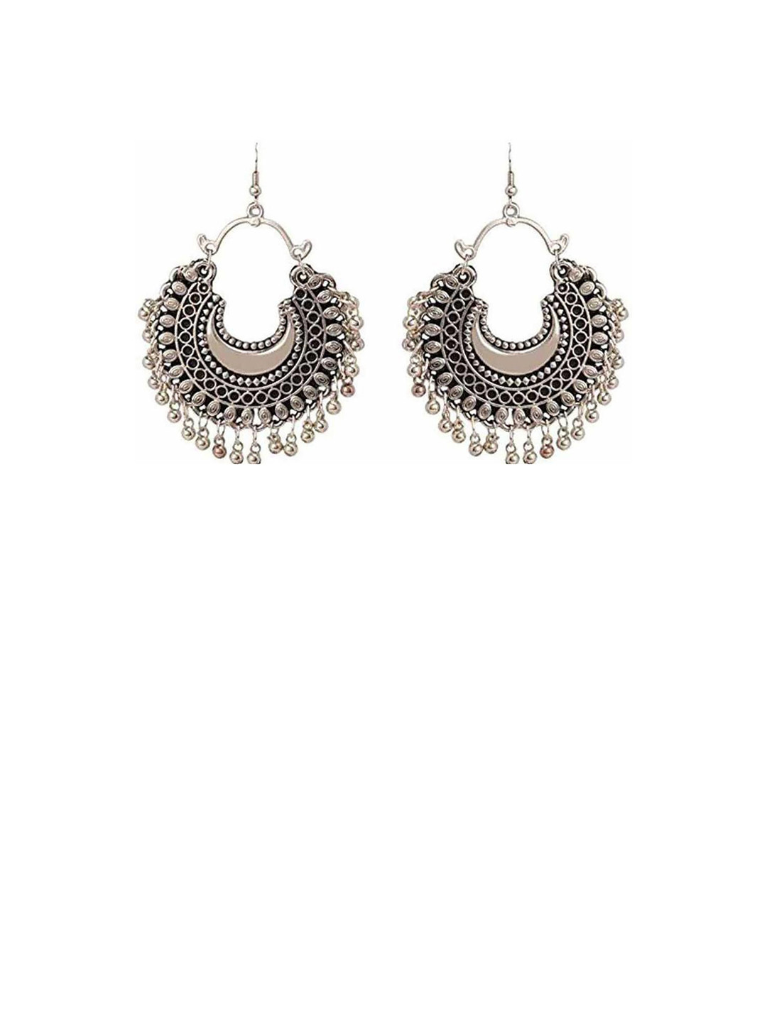ZURIKRISHA Silver Plated Artificial Beads Beaded Oxidised Contemporary Chandbalis
