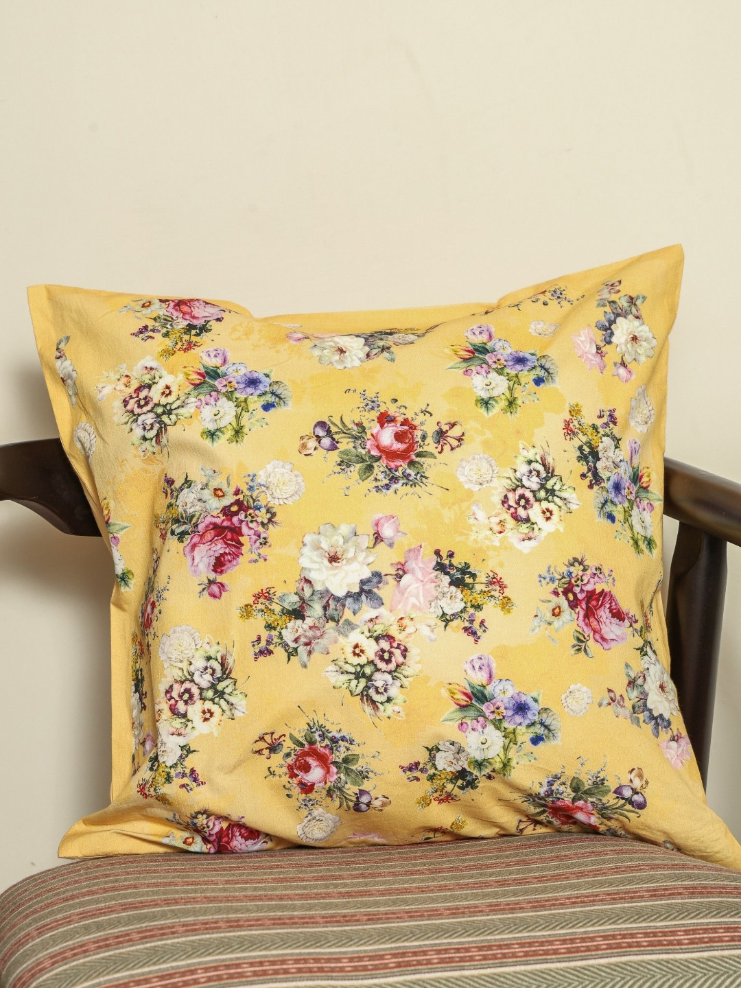 Sangria  Vintage Garden Yellow Floral Printed Cotton Square Cushion Cover
