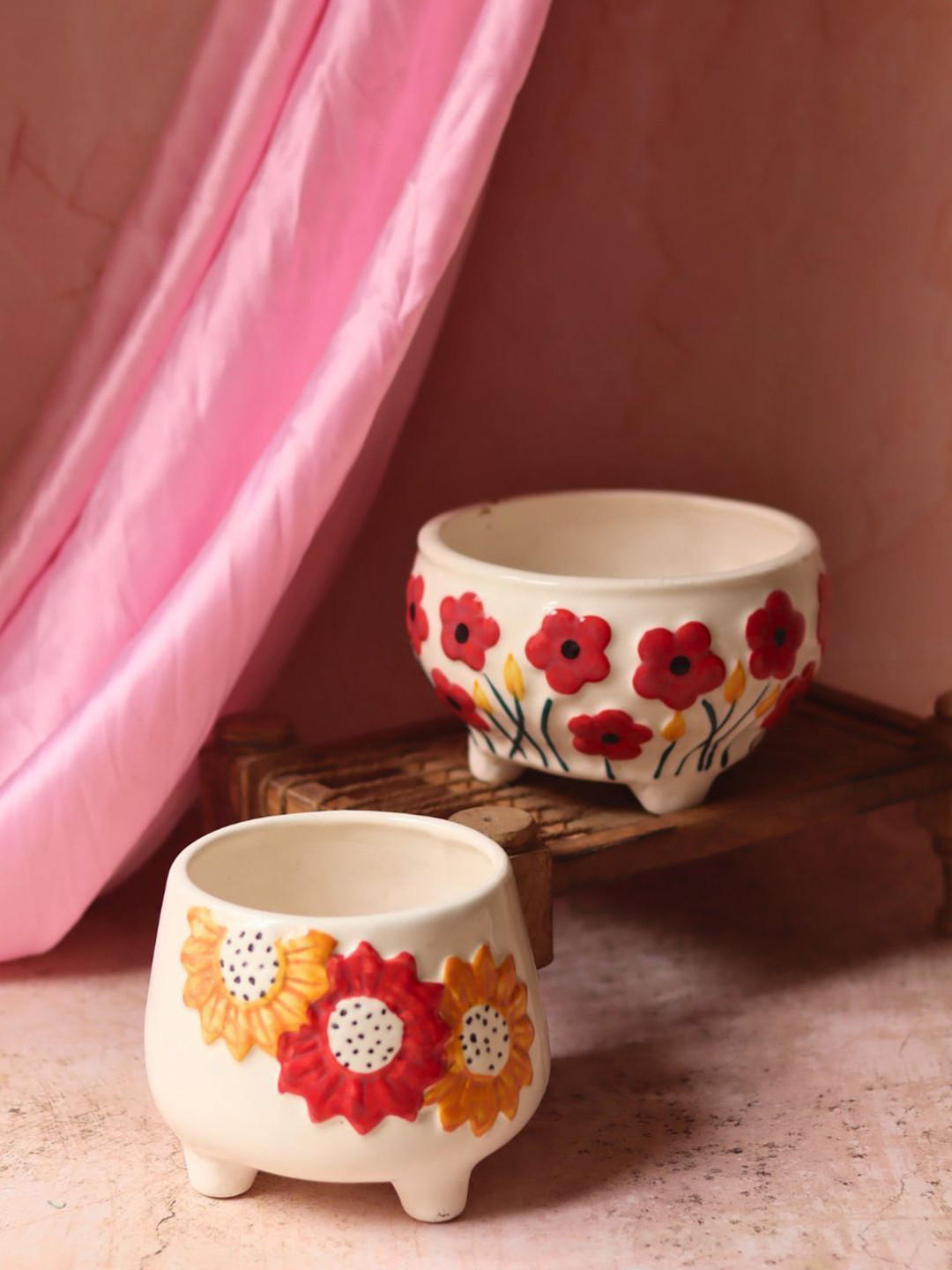 WEAVING HOMES 2Pcs White & Red Poppy Fields & Flower Bliss Planter