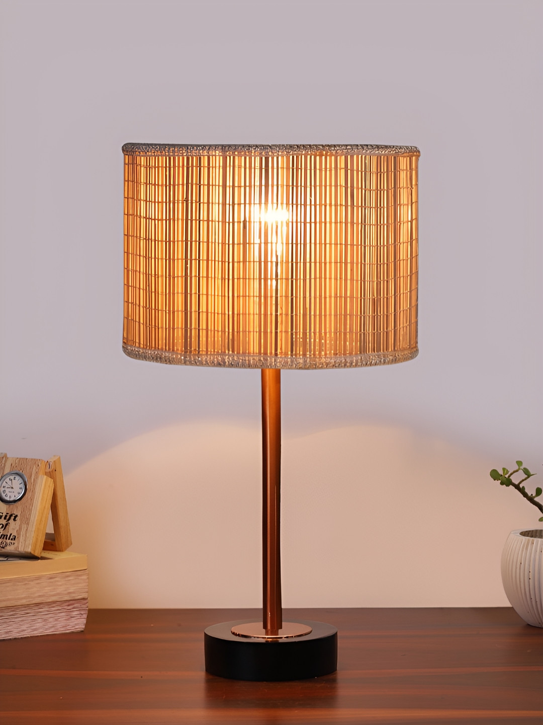 Aura Beige Metal Textured Cylindrical Shaped Table Lamp