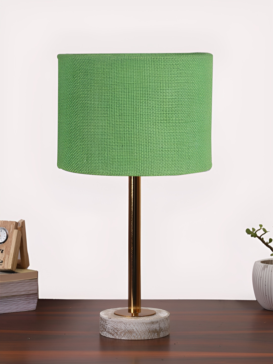 Aura Green & Copper Toned Traditional Cylindrical Shaped Jute Shade Wooden Table Lamp