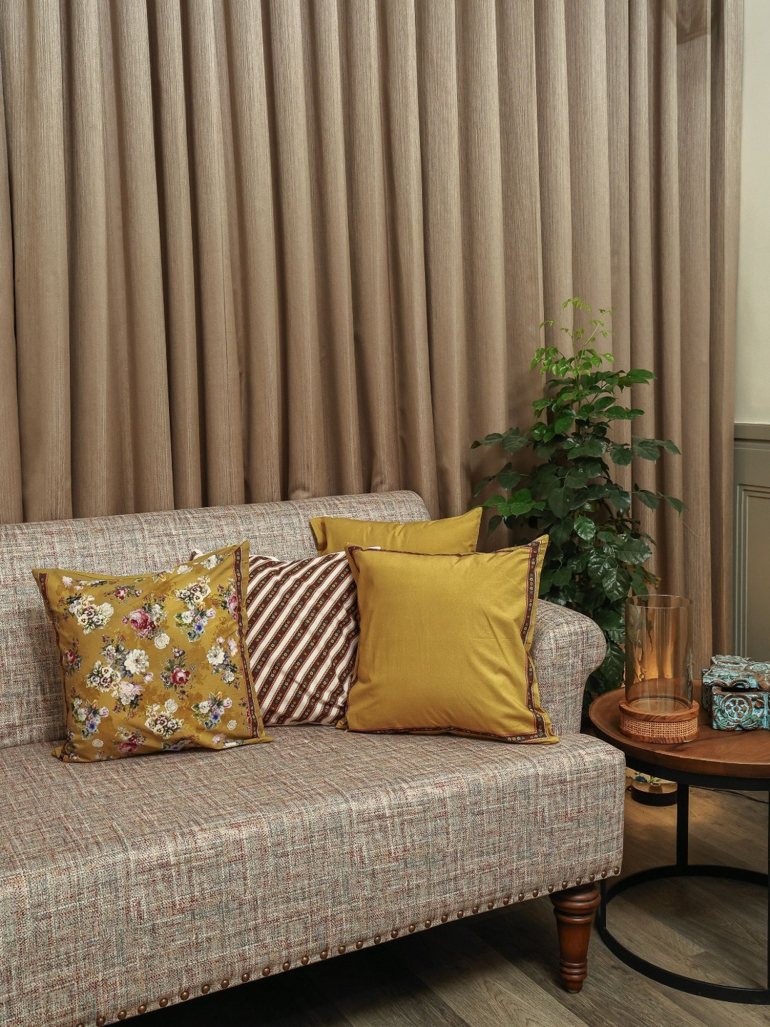 Sangria  Golden Grace Gold Toned & Pink 4 Pieces Printed Square Cushion Covers