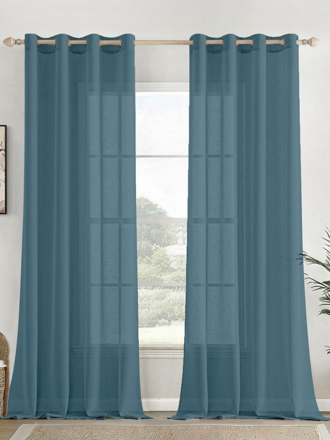 HOMEMONDE Blue 2 Pieces Textured Sheer Cotton Long Door Curtains