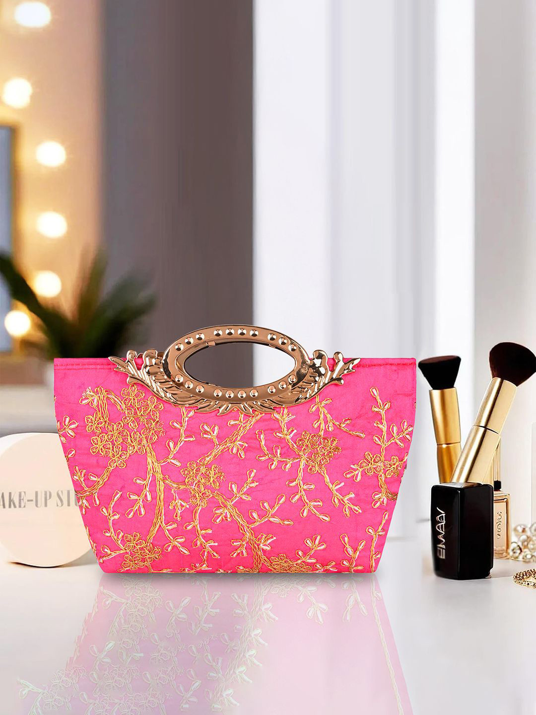 Kuber Industries Light Pink Polyester Floral Embroidered Hand Purse Clutch