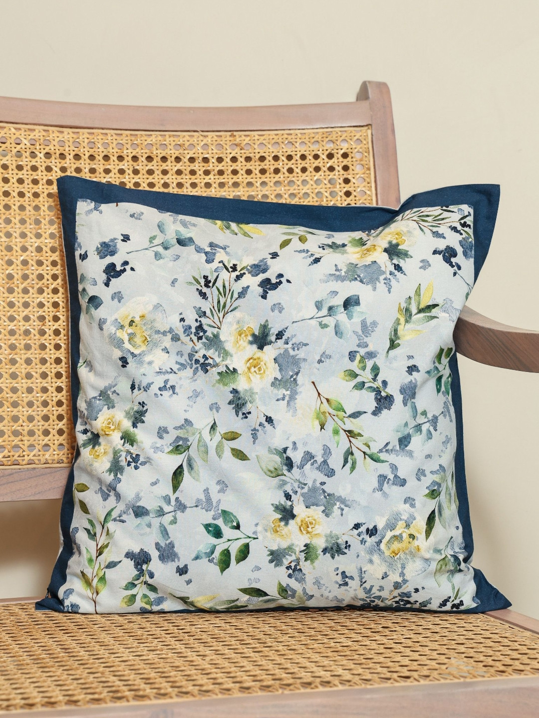 Sangria  Verdant Harmony White & Blue Floral Cotton Square Cushion Cover