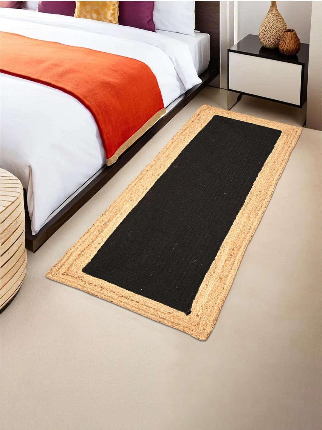 Myntra Elegant Homes Black & Beige Textured Jute Anti-Skid Bed Side Runner