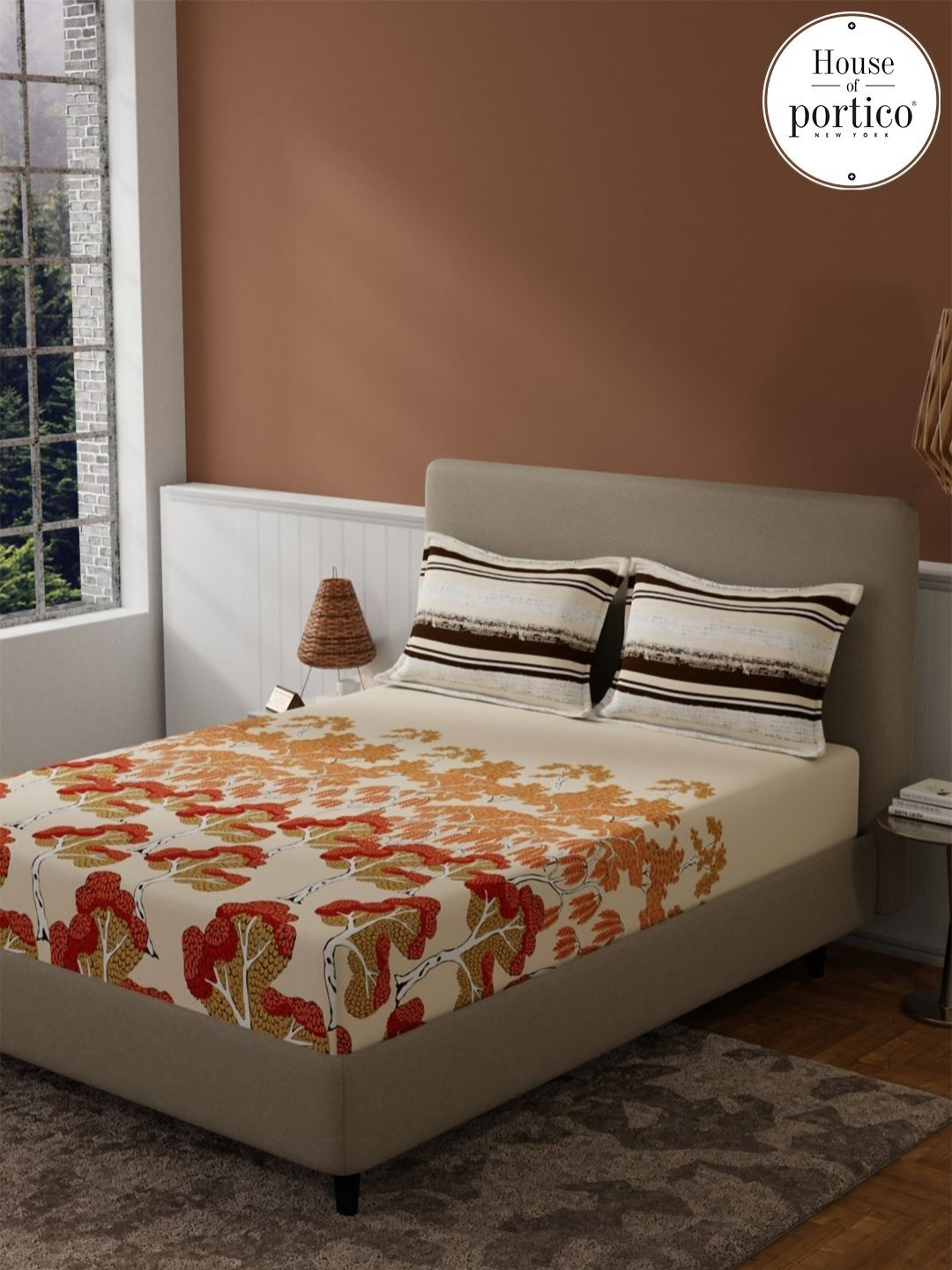 Bichauna Red & Orange Floral 120 TC Queen Bedsheet with 2 Pillow Covers