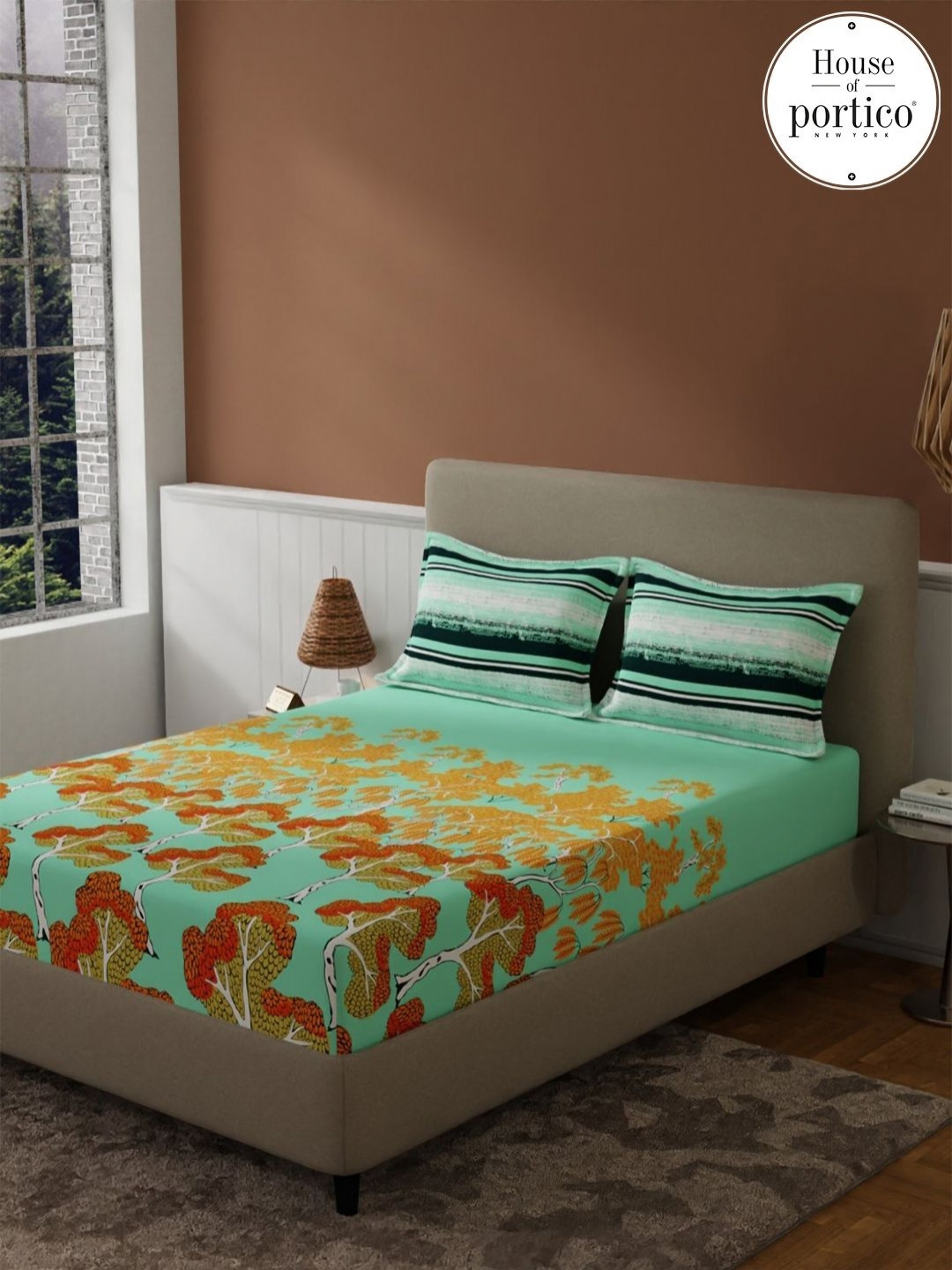 Bichauna Green & Orange Floral Printed 120 TC Queen Bedsheet Set 2.24 m x 2.40 m