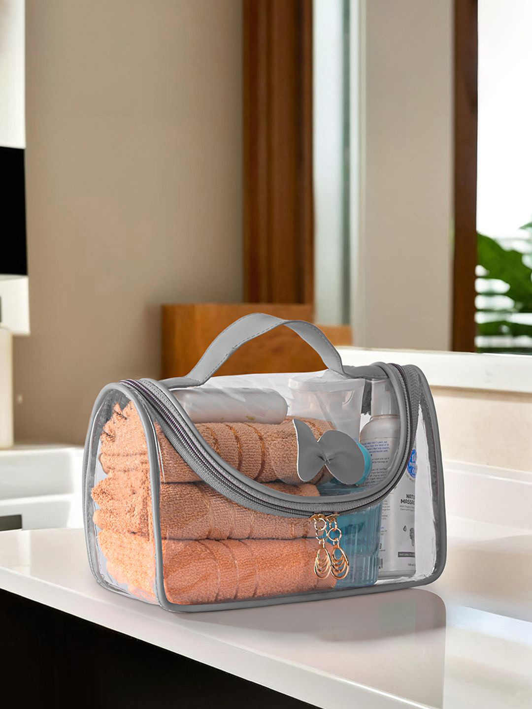 Kuber Industries Grey PVC Waterproof Toiletry Kit Organizer for Women with Handle