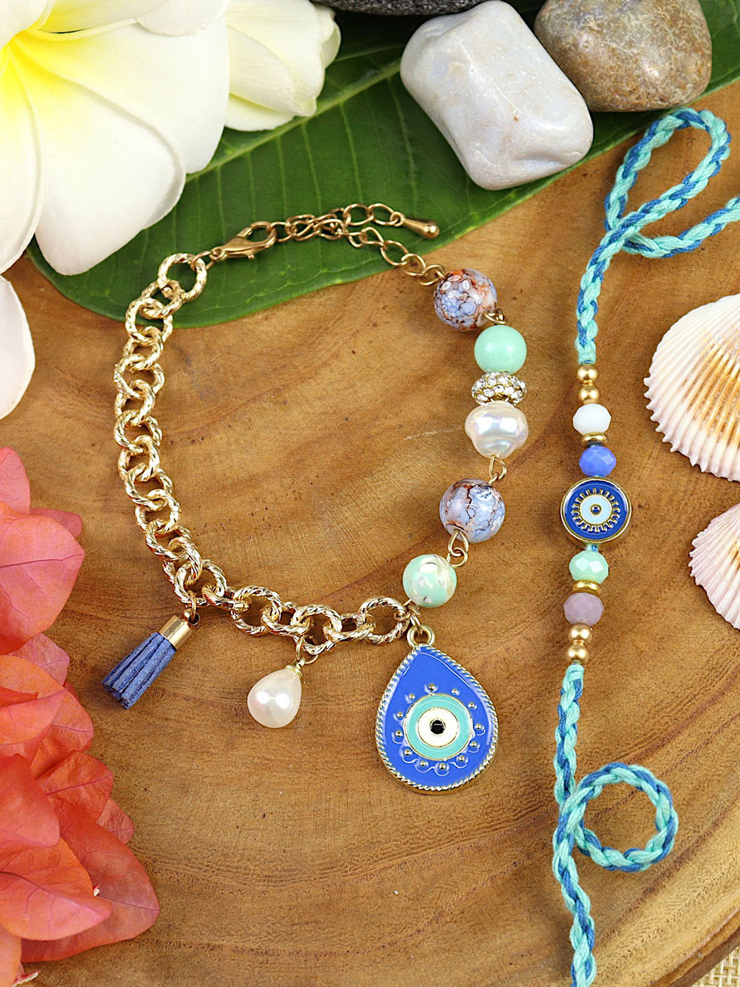 Asthetika Evil Eye Multi Charm Bracelet Rakhi with Roli Chawal