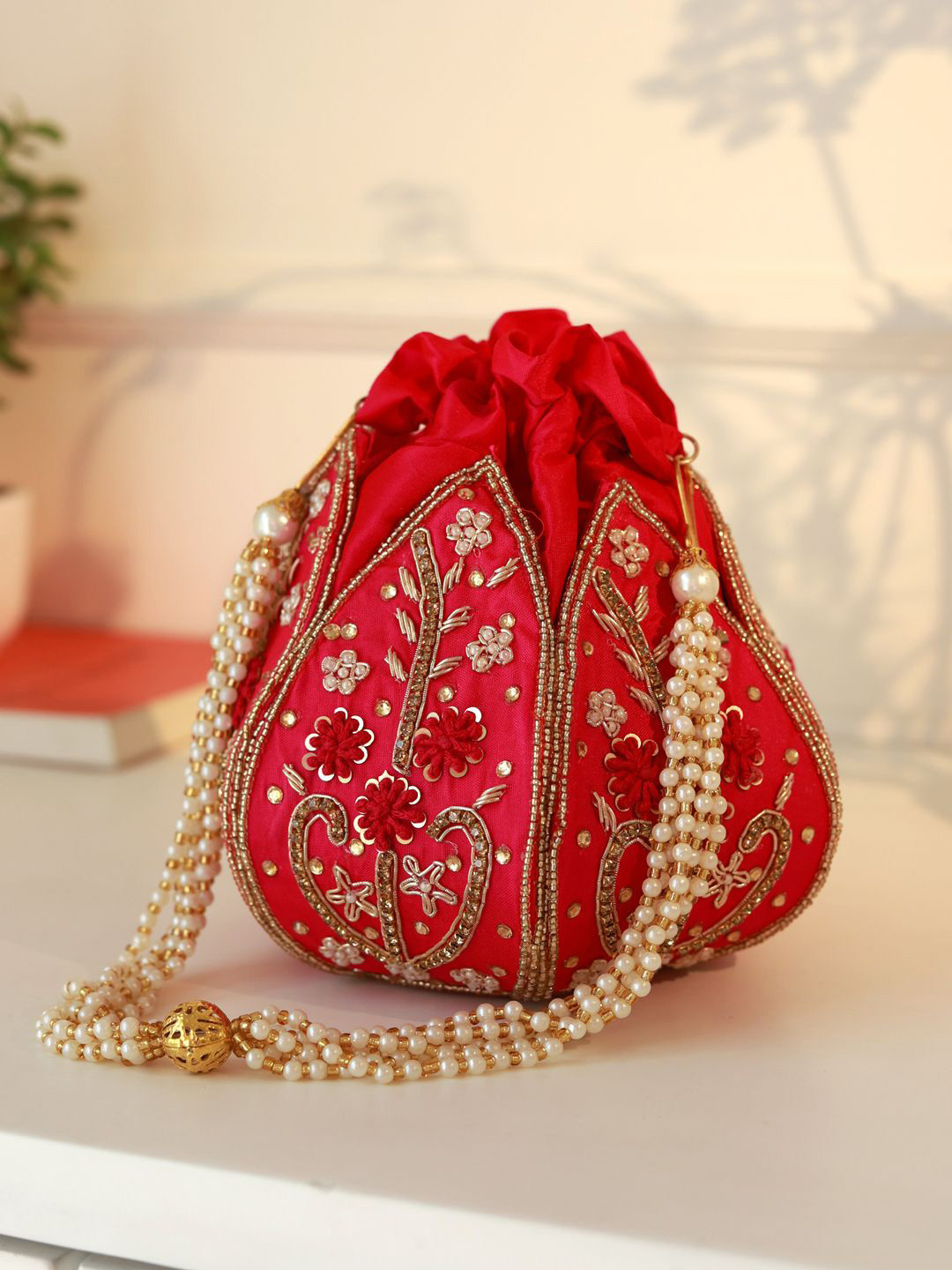 THE TAN CLAN Embroidered Wrist Loop Lotus Potli Clutch