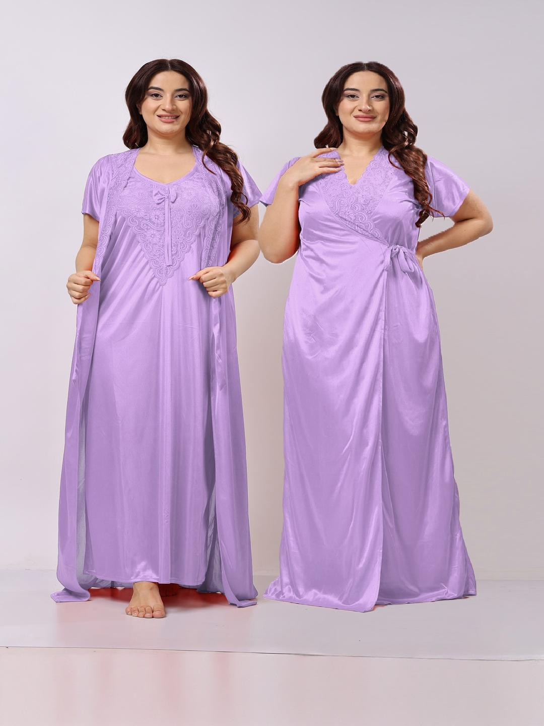 NIGHT KEYS Women Ethnic Motif Embroidered Wrap Nightdress With Robe