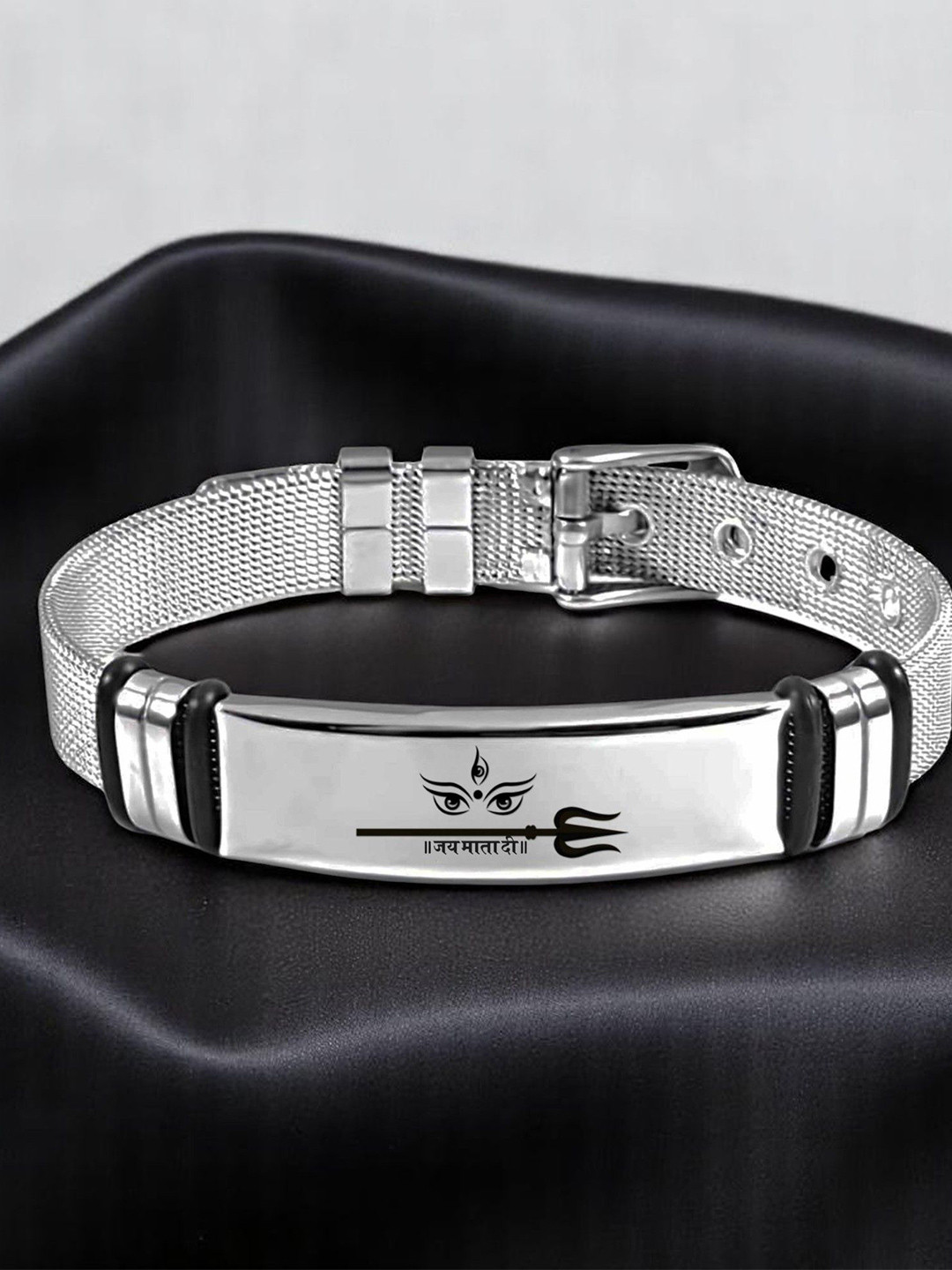 M Men Style Silver-Plated Stainless Steel Mesh Durga Mata Printed Wraparound Bracelet