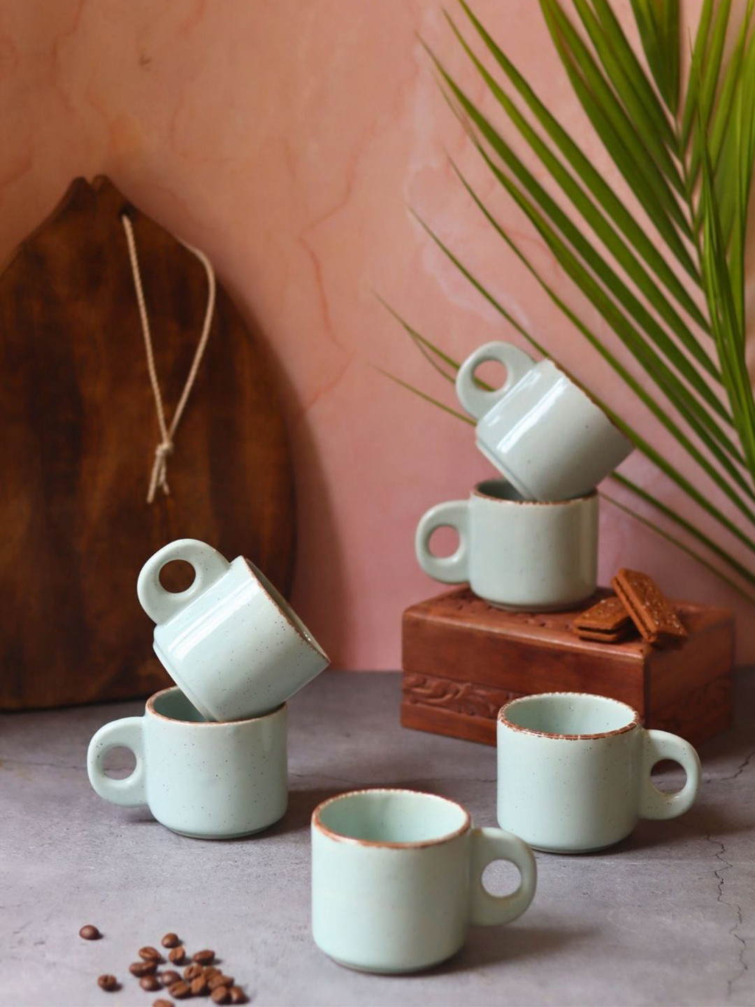 WEAVING HOMES Green & Brown 6 Pieces Textured Ceramics Glossy Cups-150 ml Each