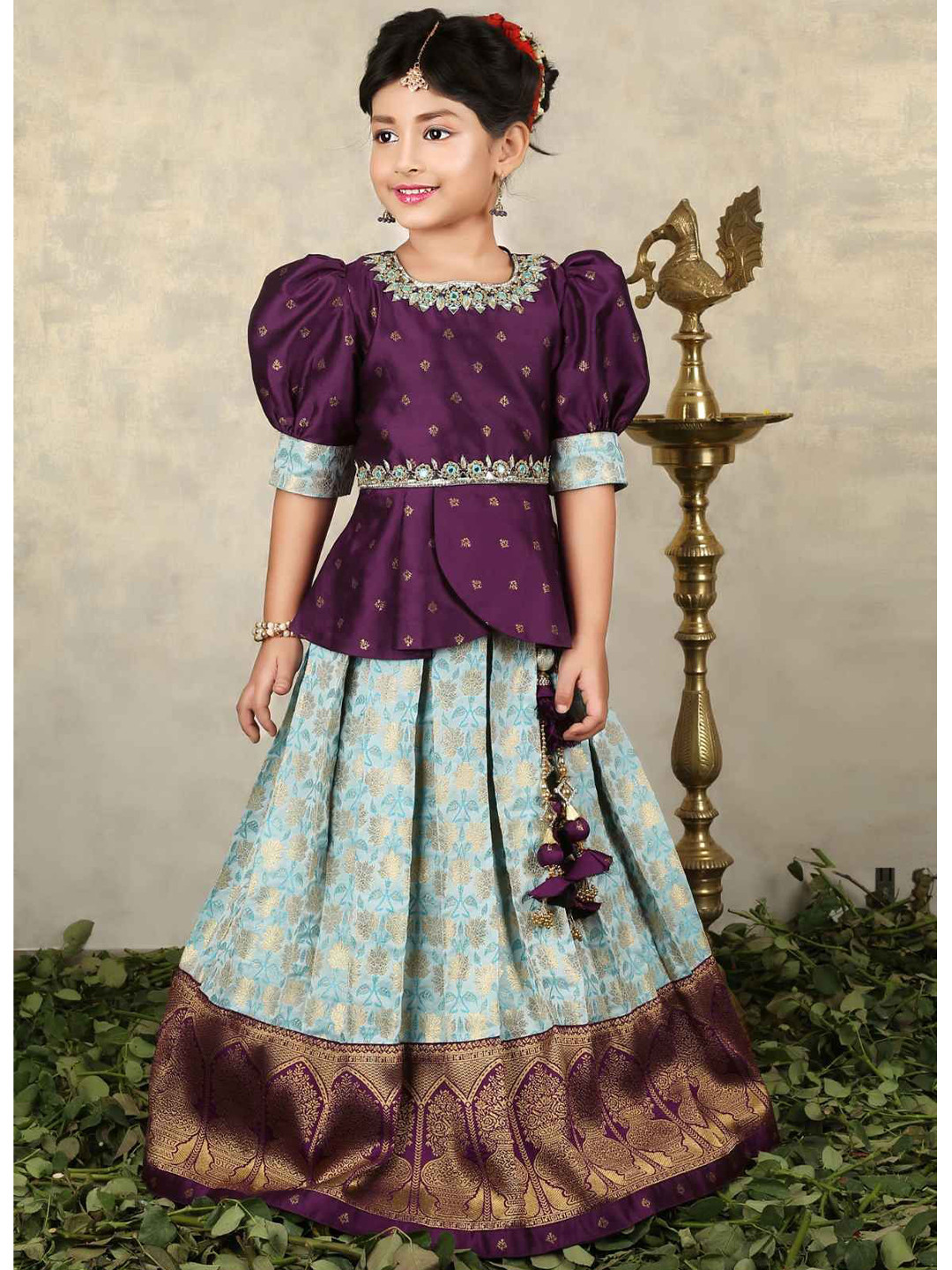 Lagorii Girls Woven Design Puffed Sleeves Zari Banarasi Silk Ready to Wear Lehenga Choli