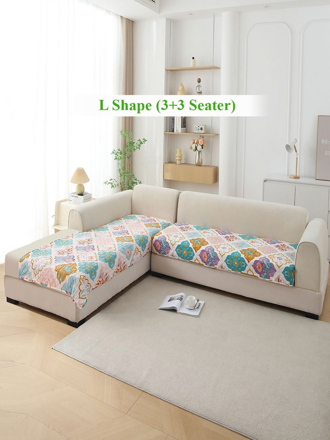 HOKIPO L Shape Quilted Printed Quatrefoil Multicolor Sofa Cover Mat
