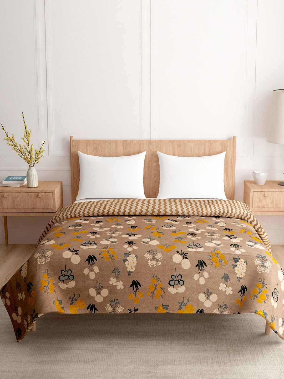 A Homes Grace Brown & Yellow Floral Microfiber AC Room 120 GSM Reversible Double Bed Dohar