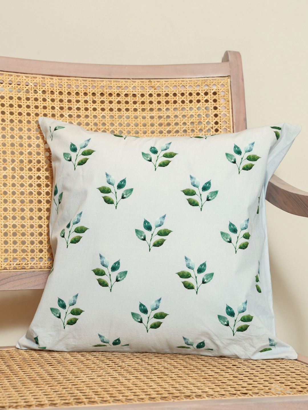 Sangria  Verdant Harmony White & Green Printed Cotton Square Cushion Cover