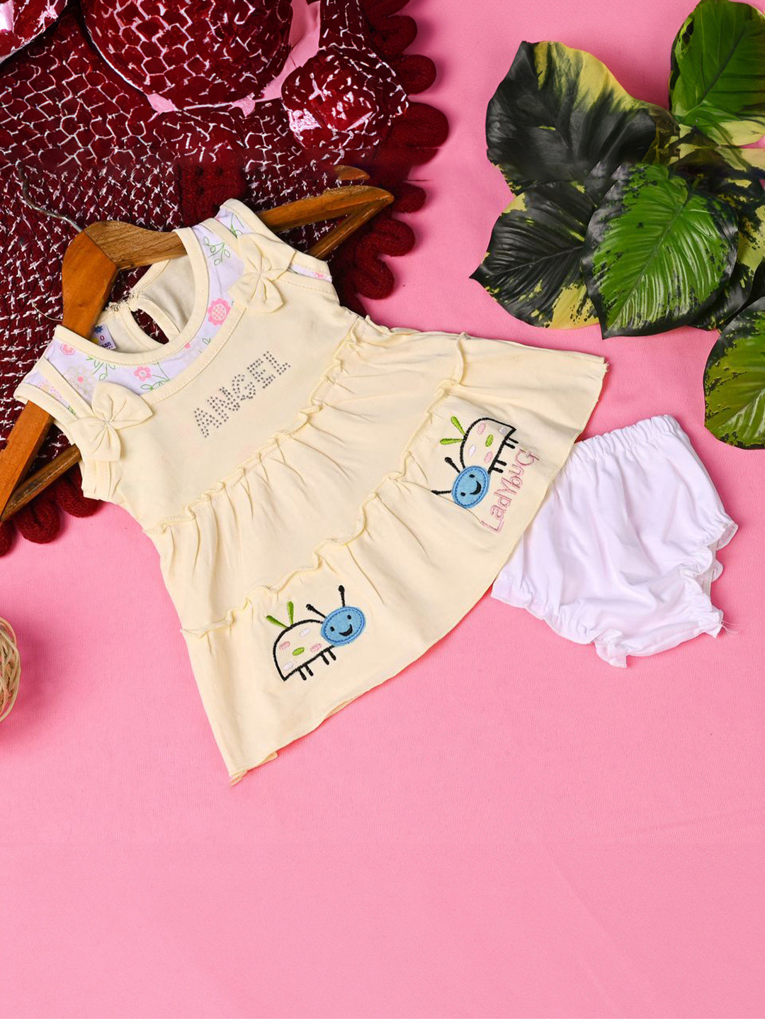 ER LIFE Style Girls Embroidered Bow Cotton A-Line Dress Wtih Bloomer