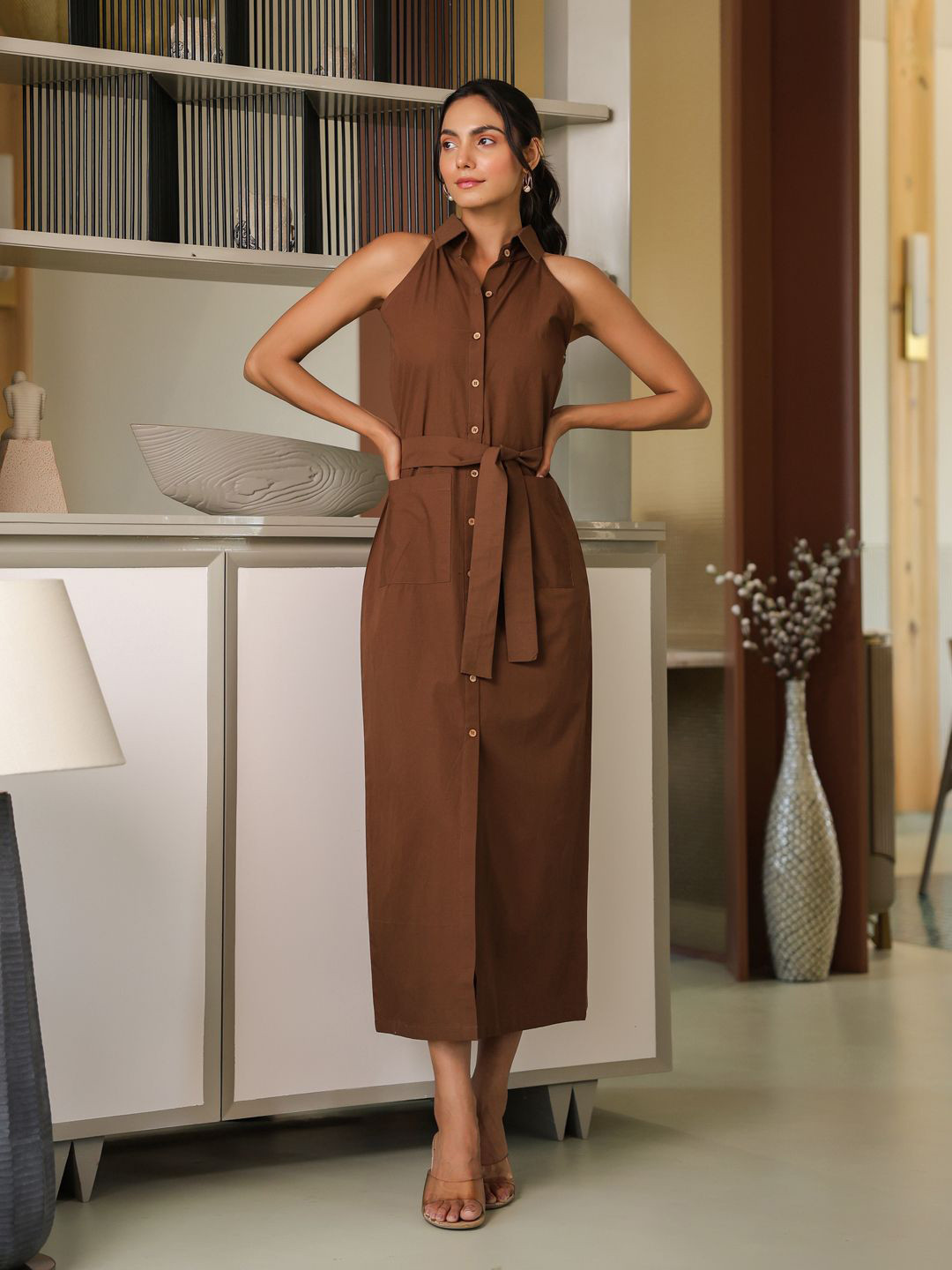 B'Infinite Women Solid Shirt Collar Maxi Midi Dress