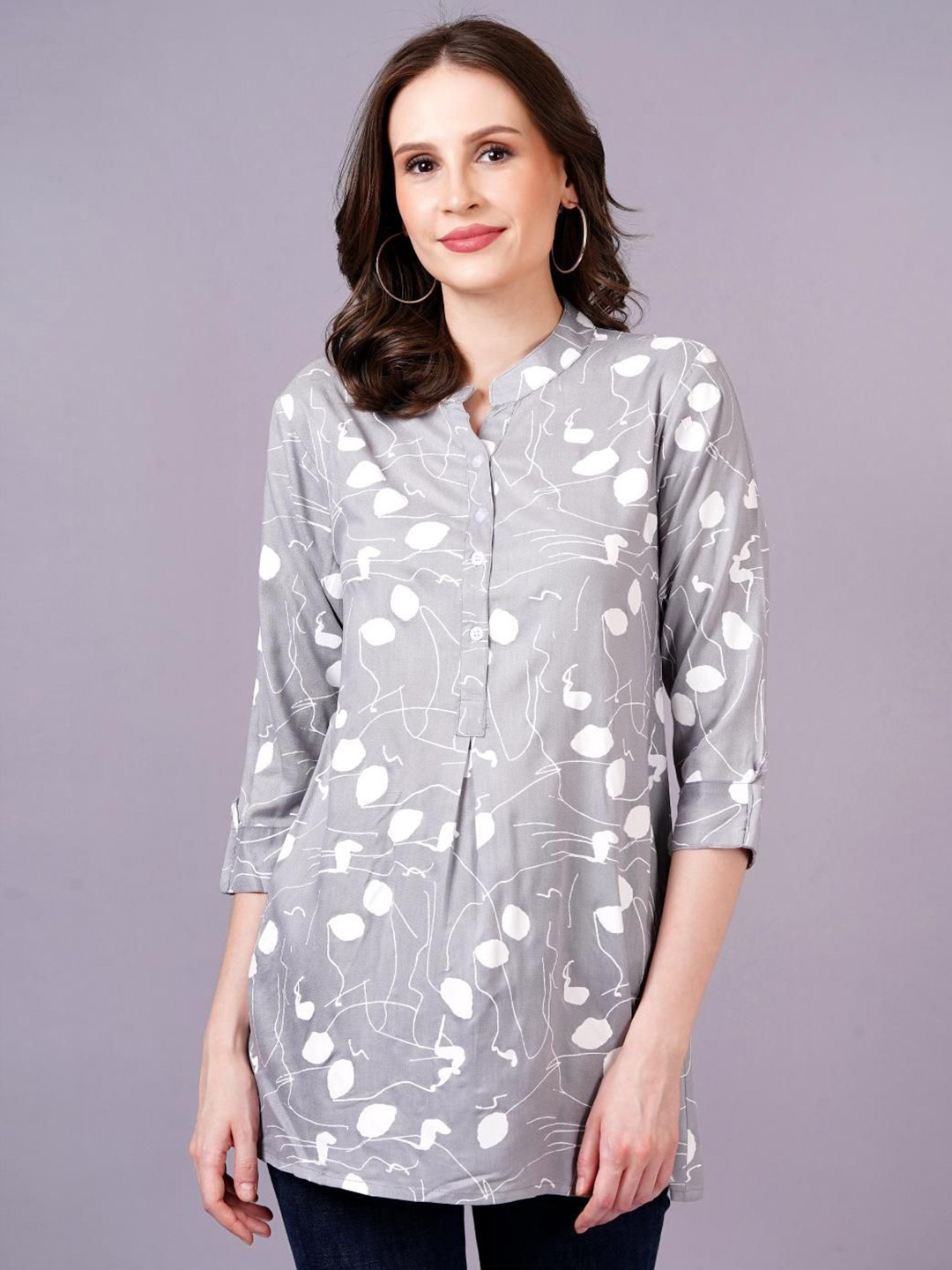 Jyoti Floral Print Mandarin Collar Shirt Style Roll-Up Sleeves Longline Top