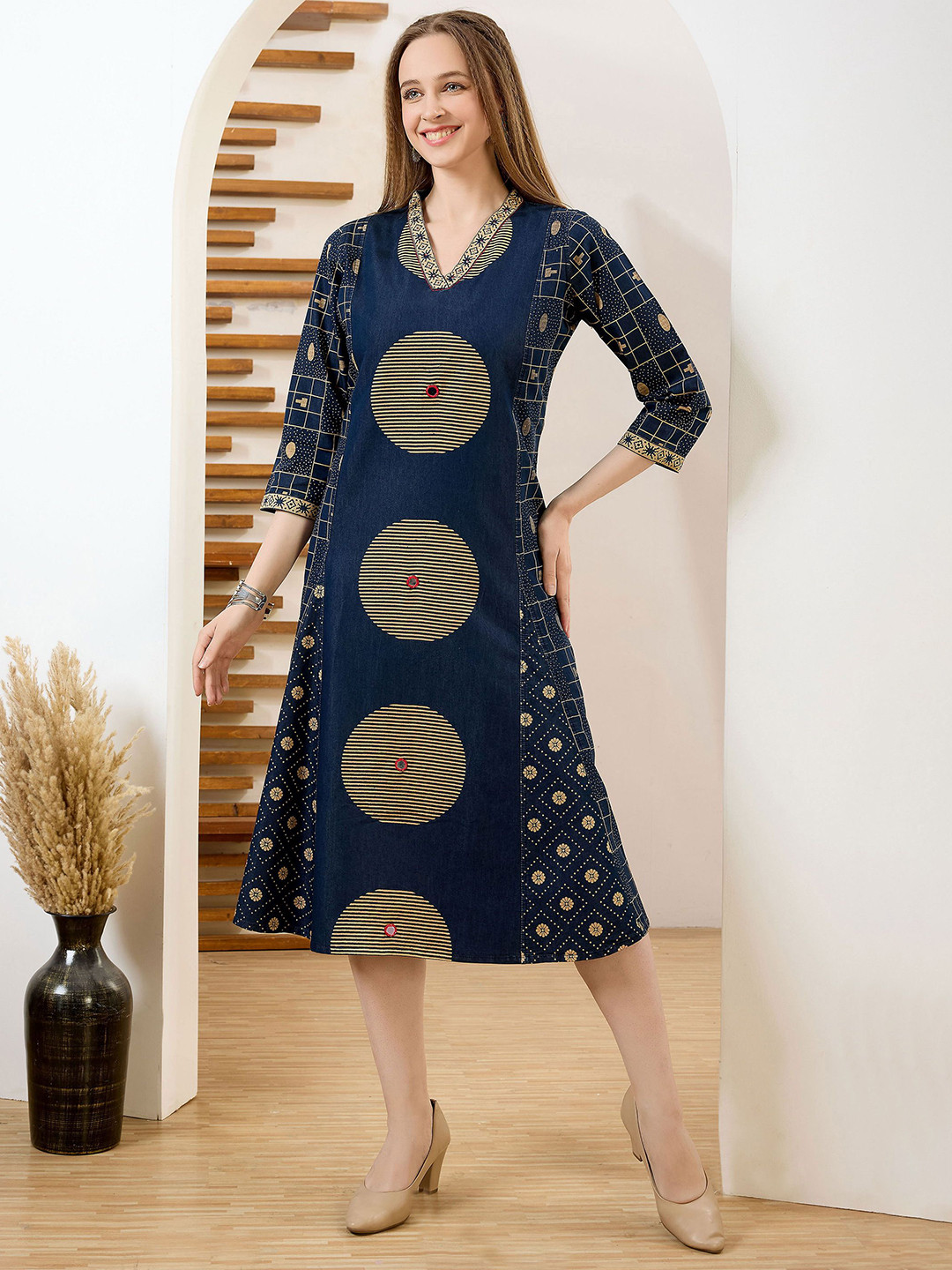 Meher Impex Printed Denim A-Line V-Neck Ethnic Dress