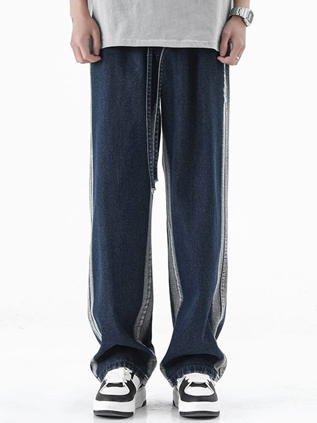 StyleCast x Revolte Men Wide Leg Side Stripes Mid-Rise Jeans
