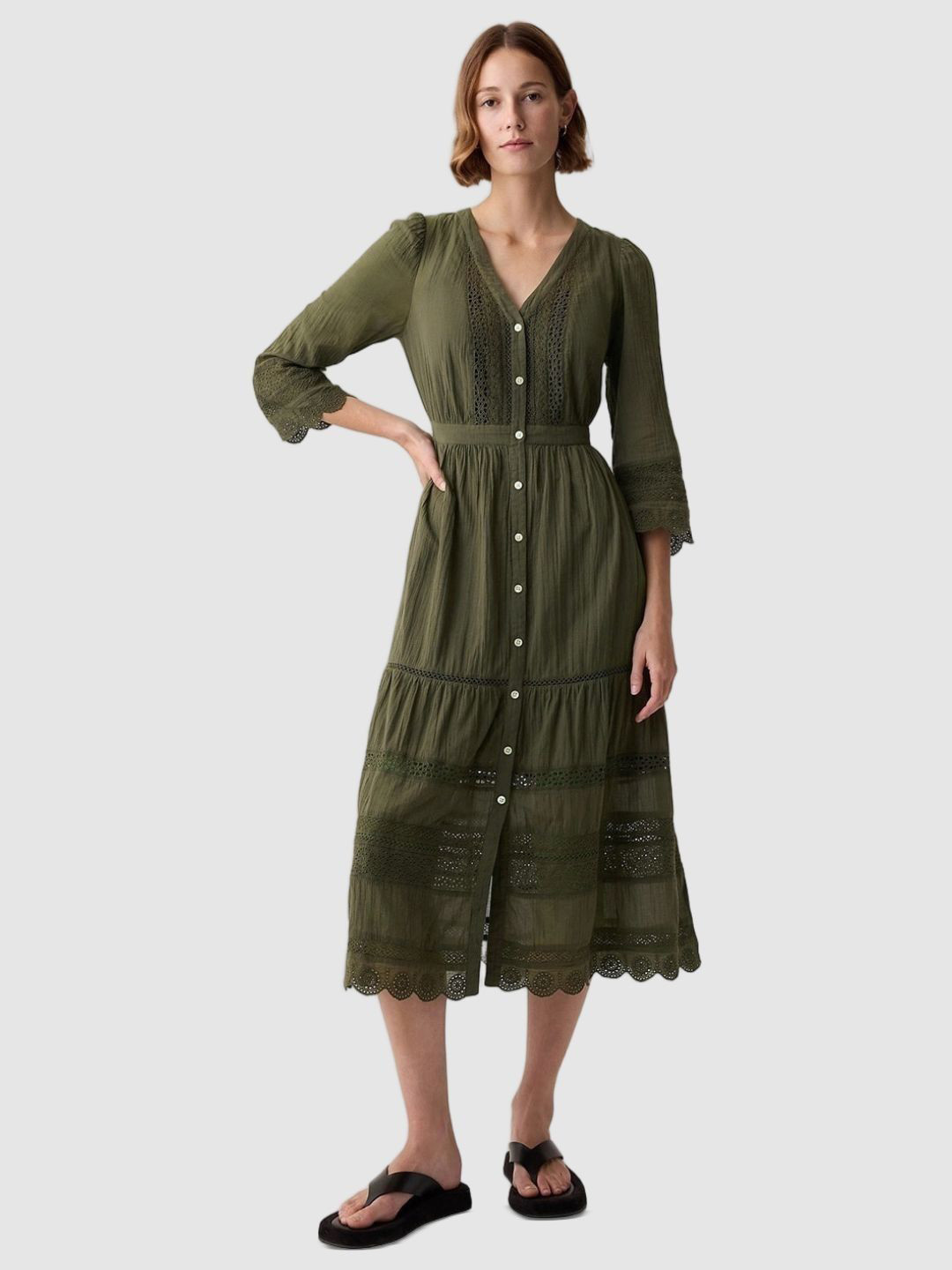 GAP Women V-Neck Tiered Fit and Flare Midi Cotton Dress With Lace Detail