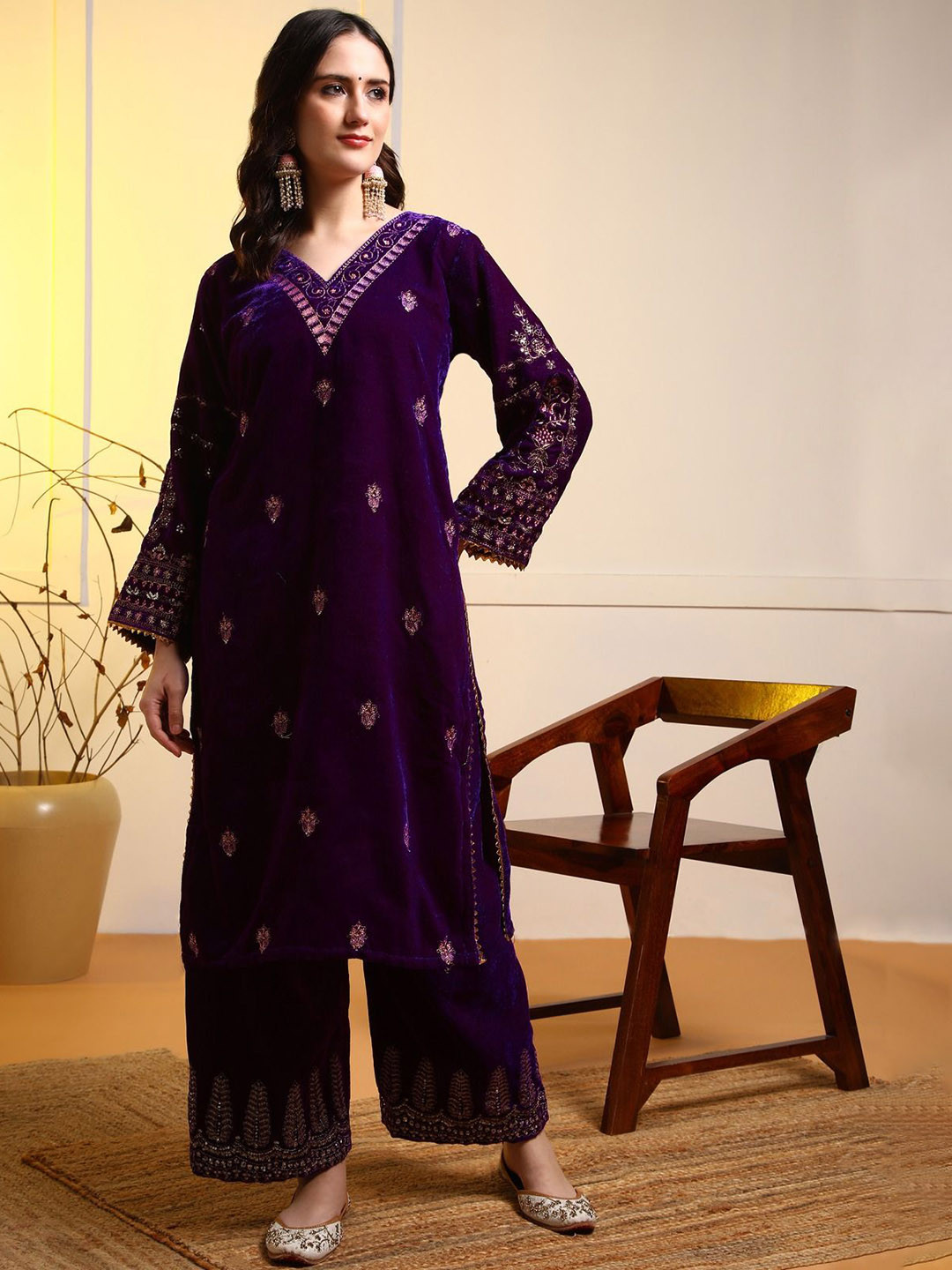 Brulry Floral Embroidered Regular Sequinned Velvet Kurta with Palazzos & With Dupatta