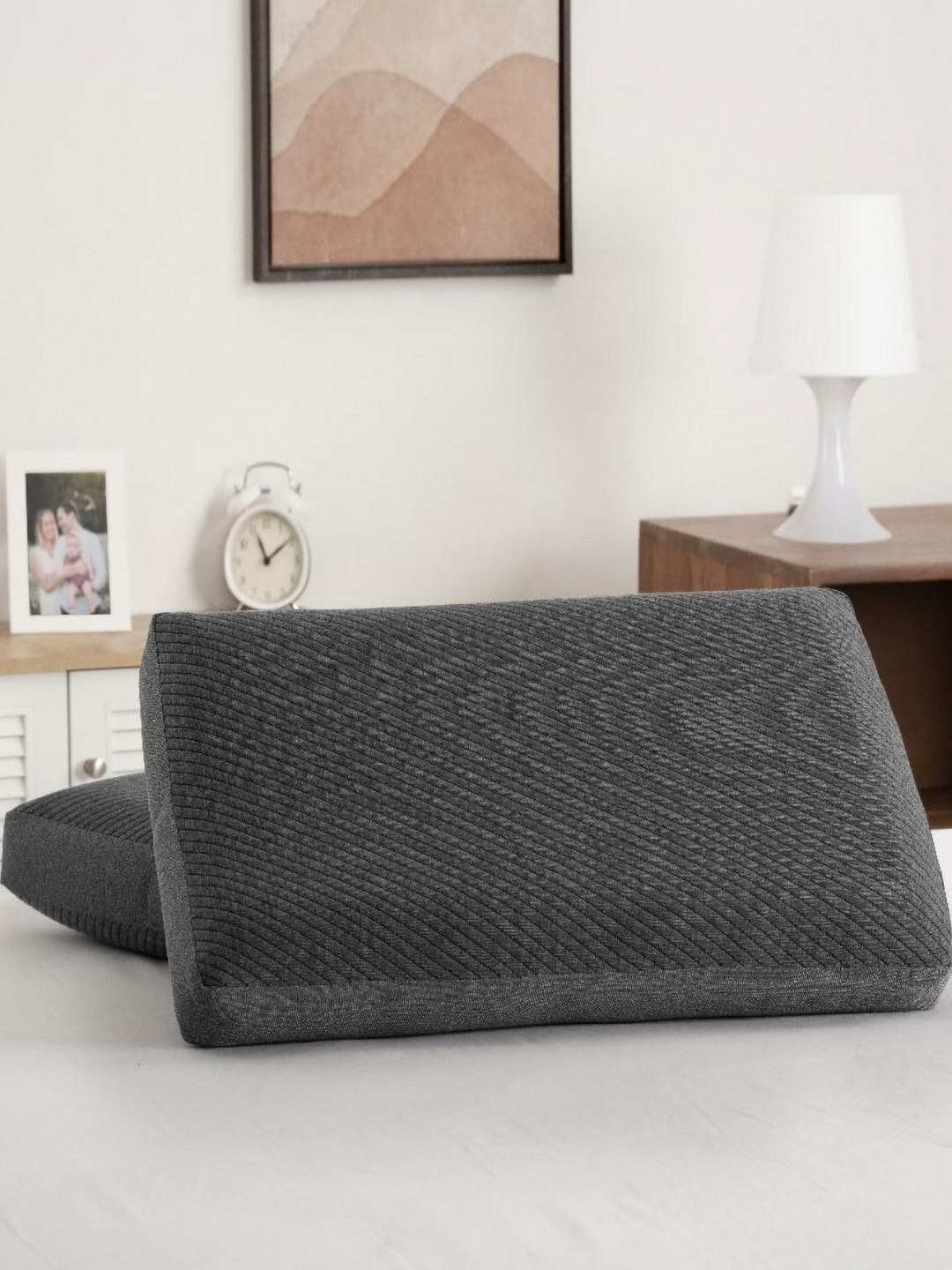 wakefit Grey Set of 2 Memory Foam Filled Faux Velvet Sleep Pillow