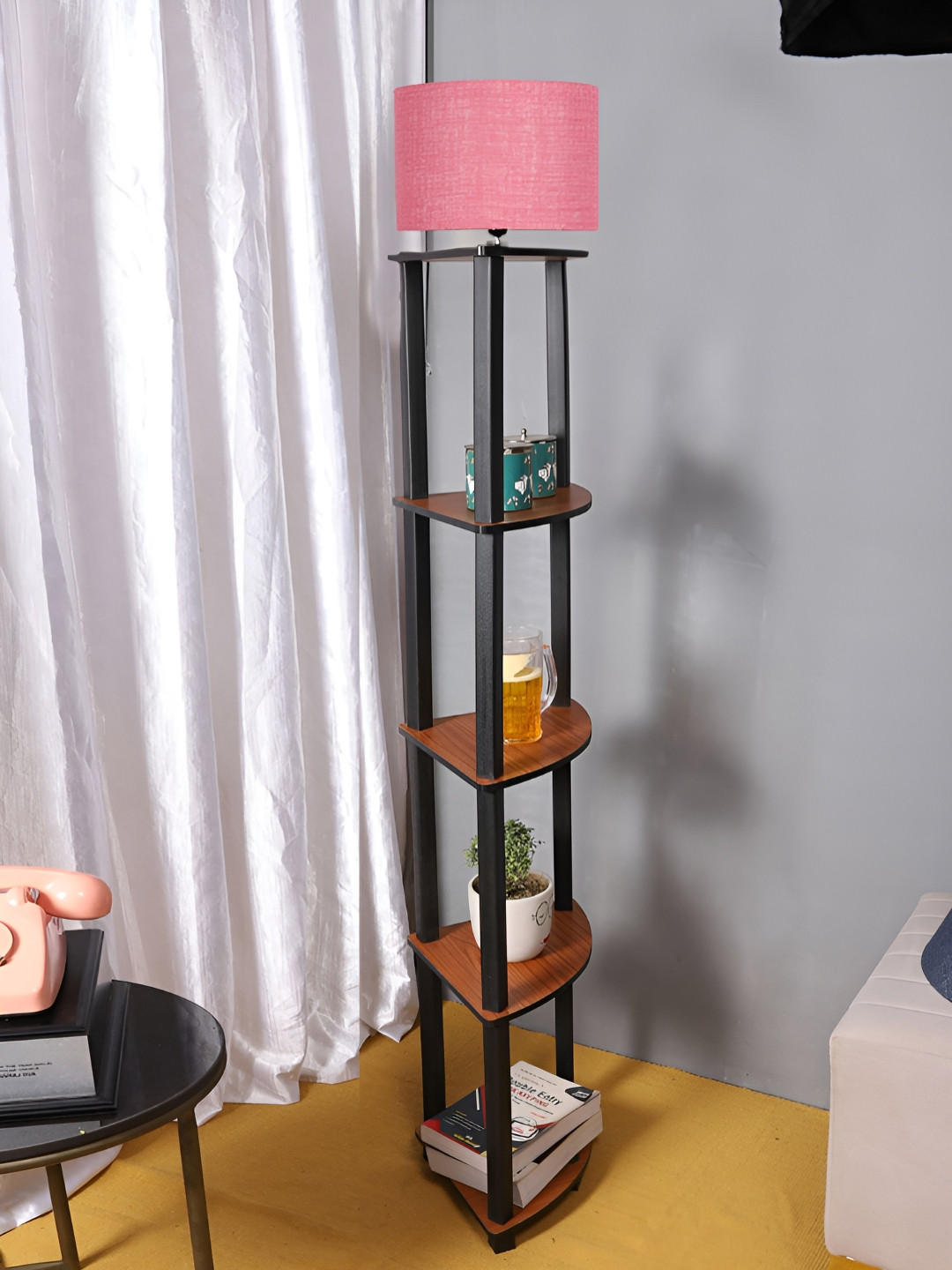 Devansh Pink and black Wooden Shelf Floor Lamp
