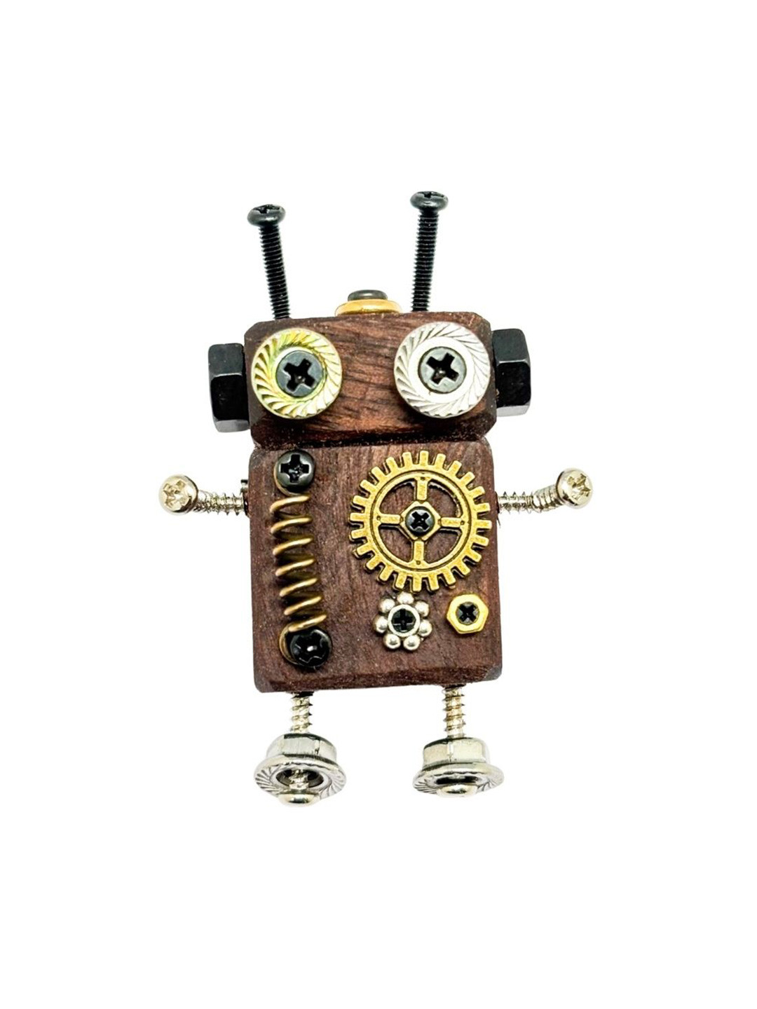 The Tie Hub Men Brown & Gold Wooden & Brass Steampunk Robot Lapel Pin Brooch