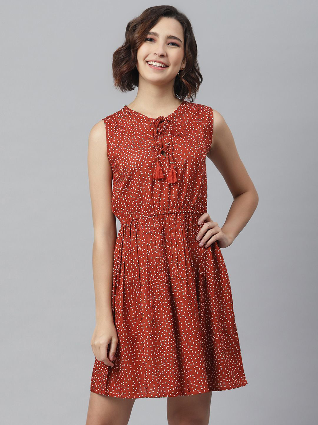 Chemistry Polka Dot Tie-Up Neck Fit & Flare Dress
