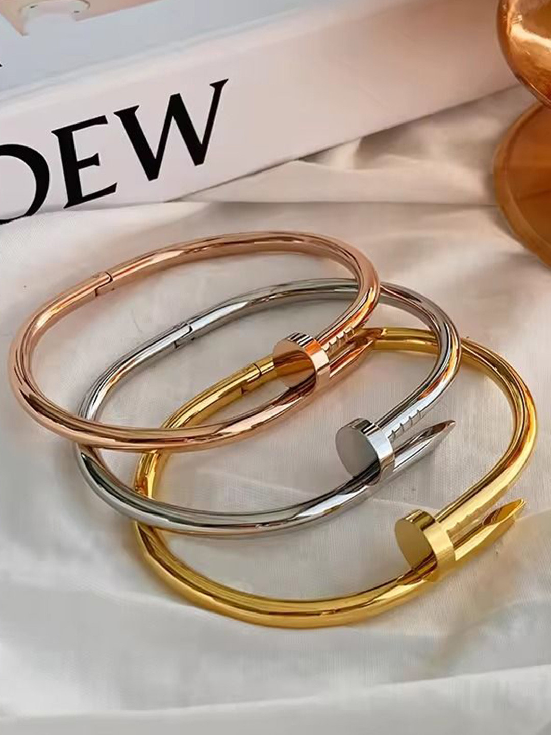 DressBerry Set of 3 Rose Gold & Silver-Plated Stainless Steel Anti Tarnish kada Bracelets