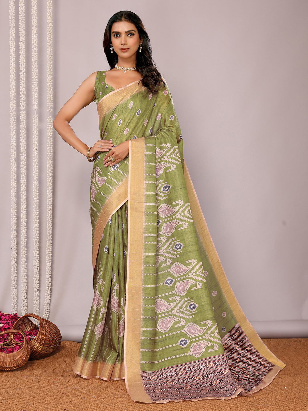 Janasya Chanderi Silk Ikkat Printed Chanderi Saree with Unstitched Blouse Piece
