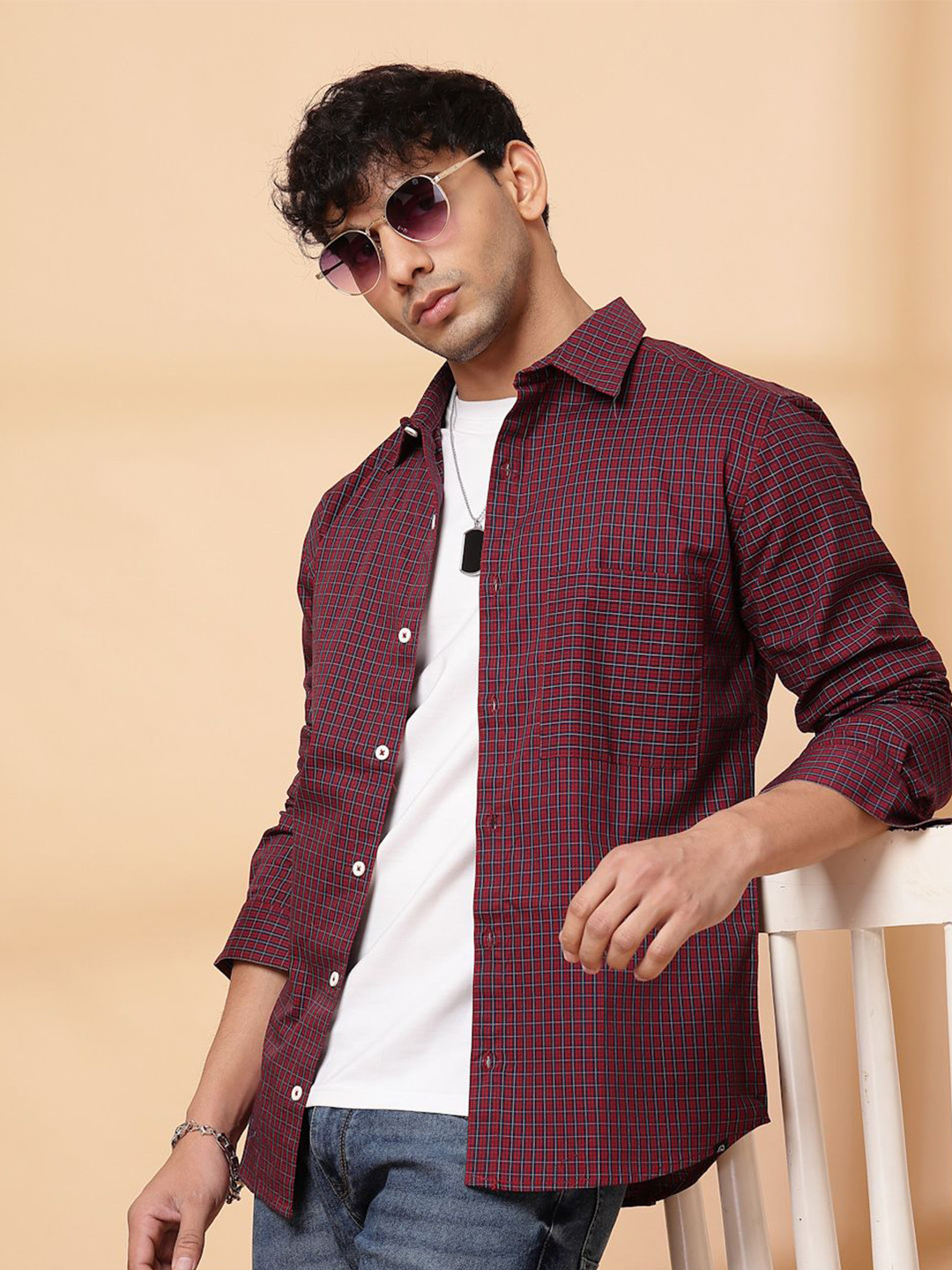 Rigo Men Spread Collar Micro Checked Cotton Casual Shirt