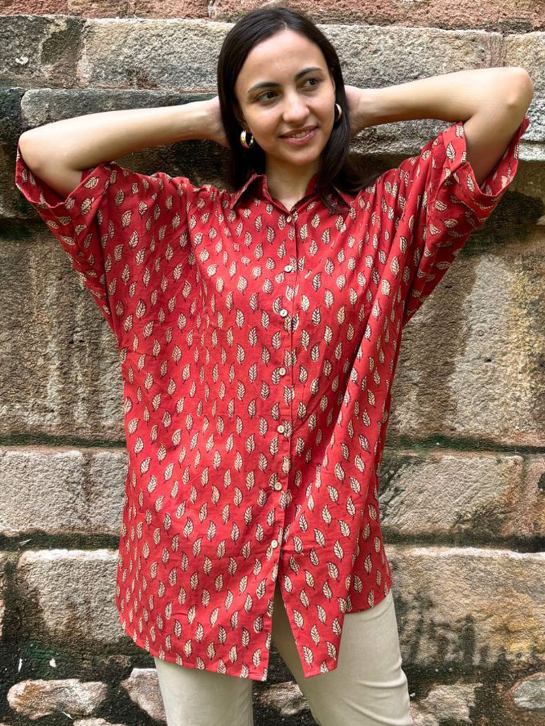 Safeera Women Hand Block Printed Oversized Cotton Long shirt