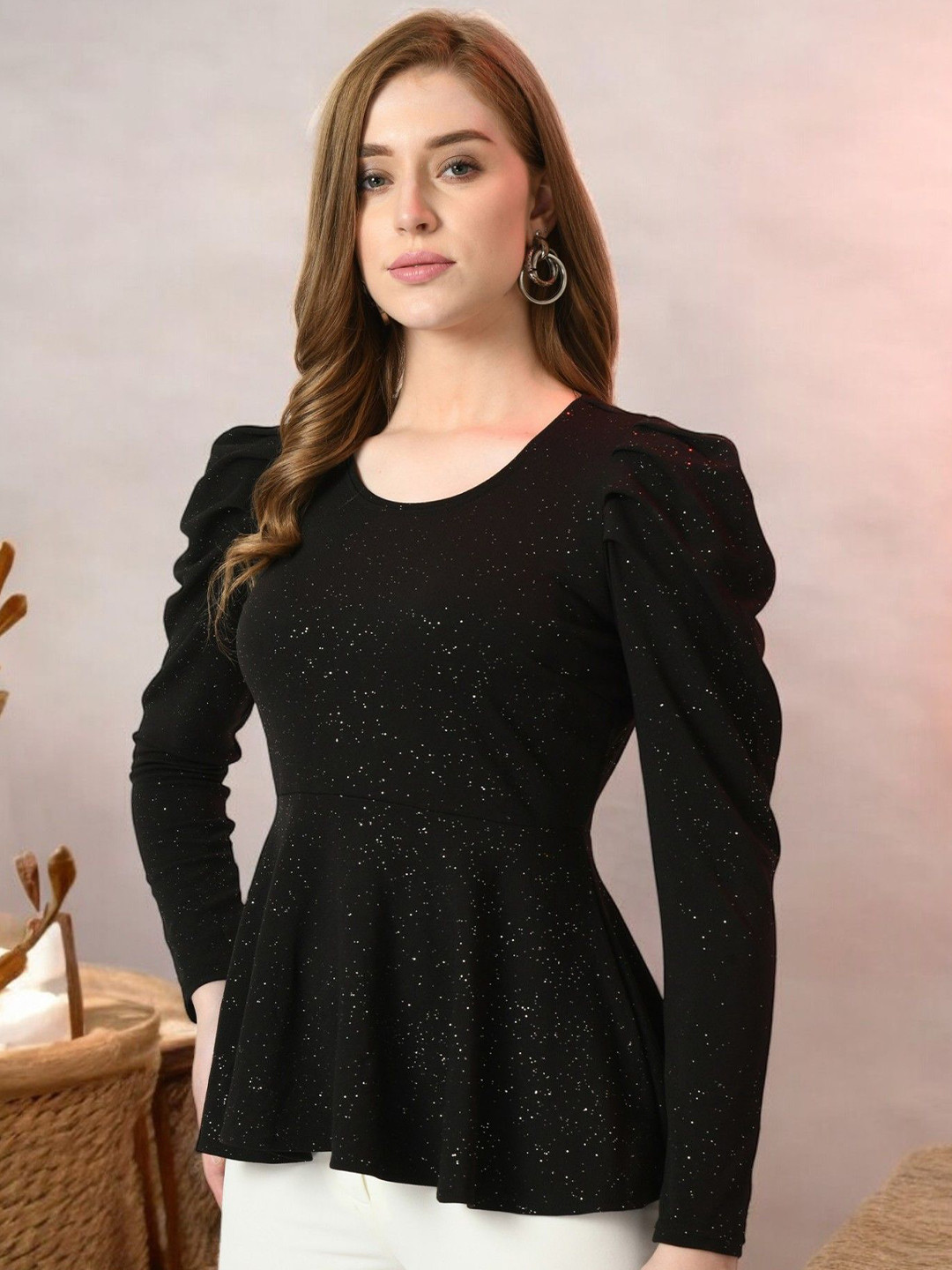 IUGA Black Embellished Peplum Top with Puff Sleeves
