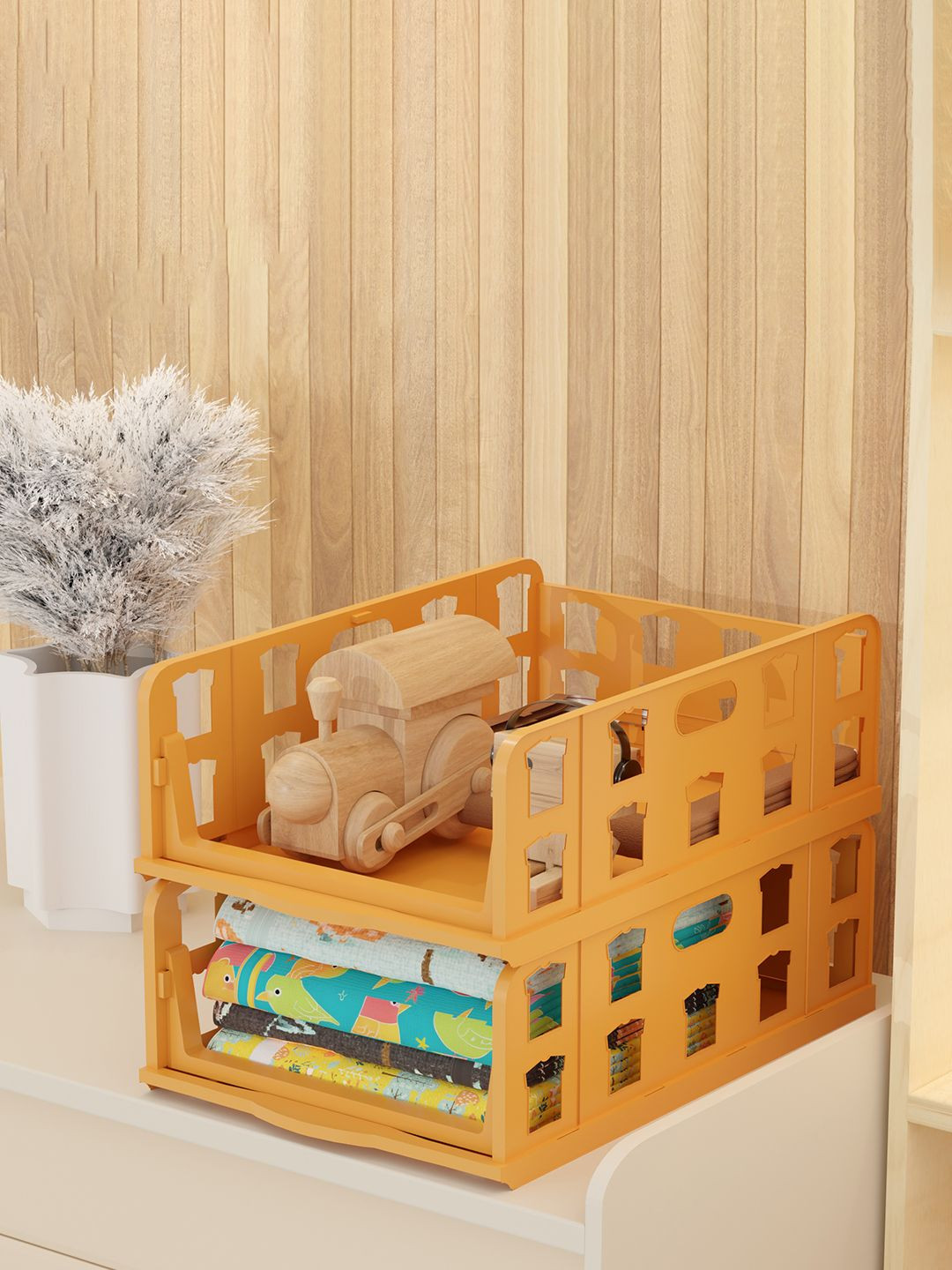 Aura Brown 2 Pcs Foldable Kids Wardrobe Organizer for Clothes Storage Drawer Organiser