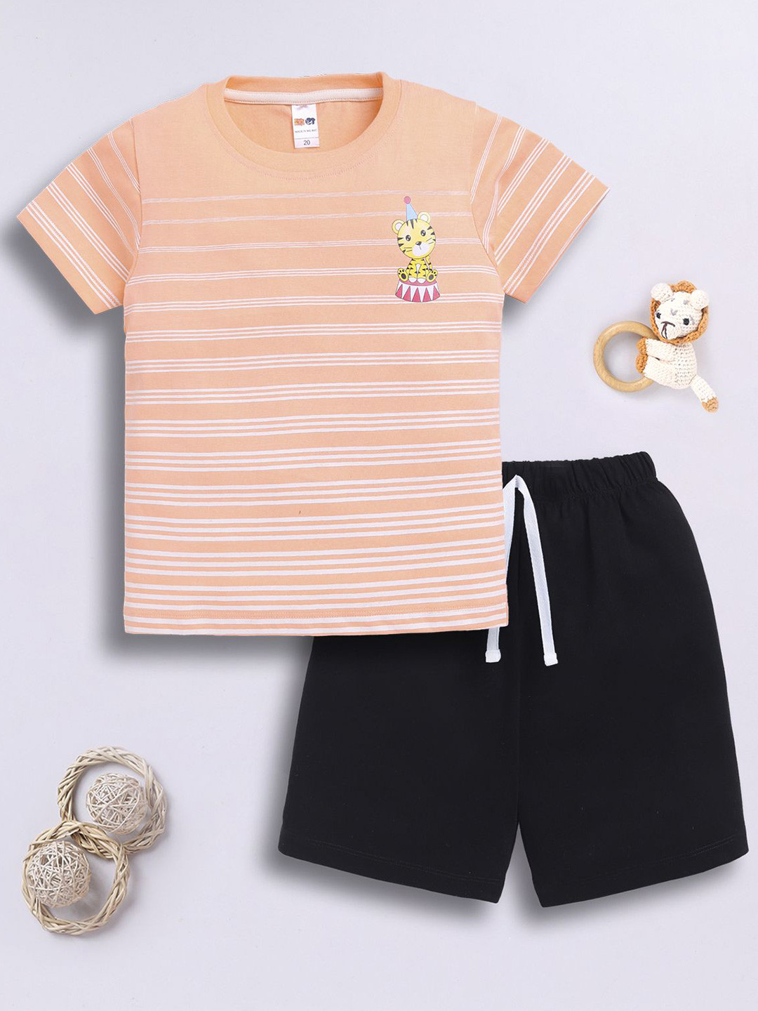 LITTLE NINJA Boys Stiped Round Neck T-shirt With Shorts