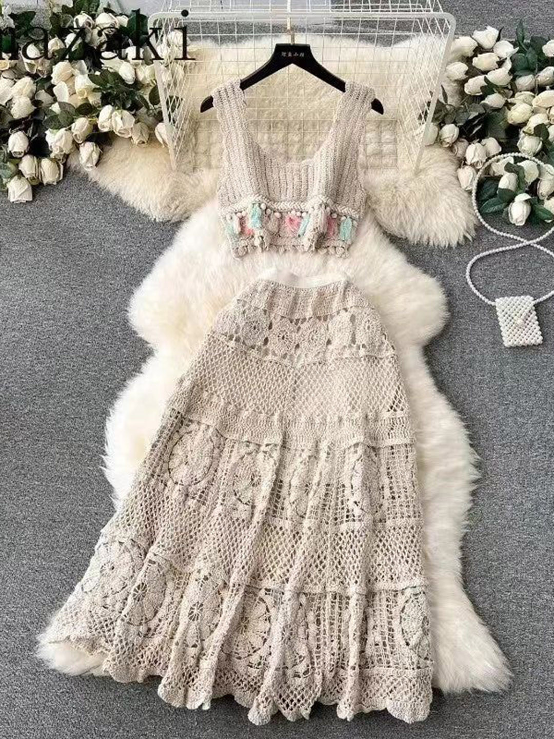 Miss Mosa By Akanksha  Beige Mirren Crochet Holiday Coord -Resortwear