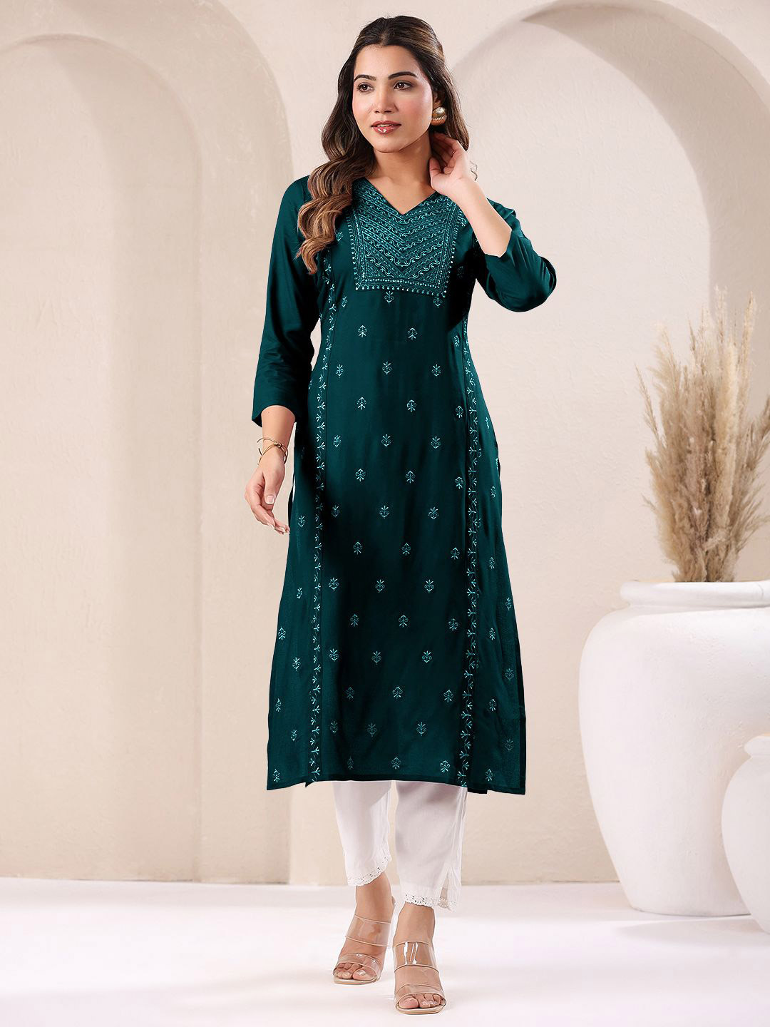 Janasya Women's Dark Green Rayon Embroidered Straight Kurta